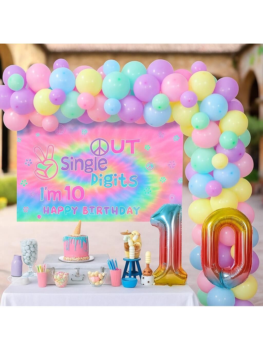 Tie Dye 10th Birthday Decorations with Macaron Balloon Garland and Hippie Theme