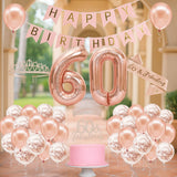 60th Birthday Rose Gold Party Decor with Banner Crown Sash and Balloon