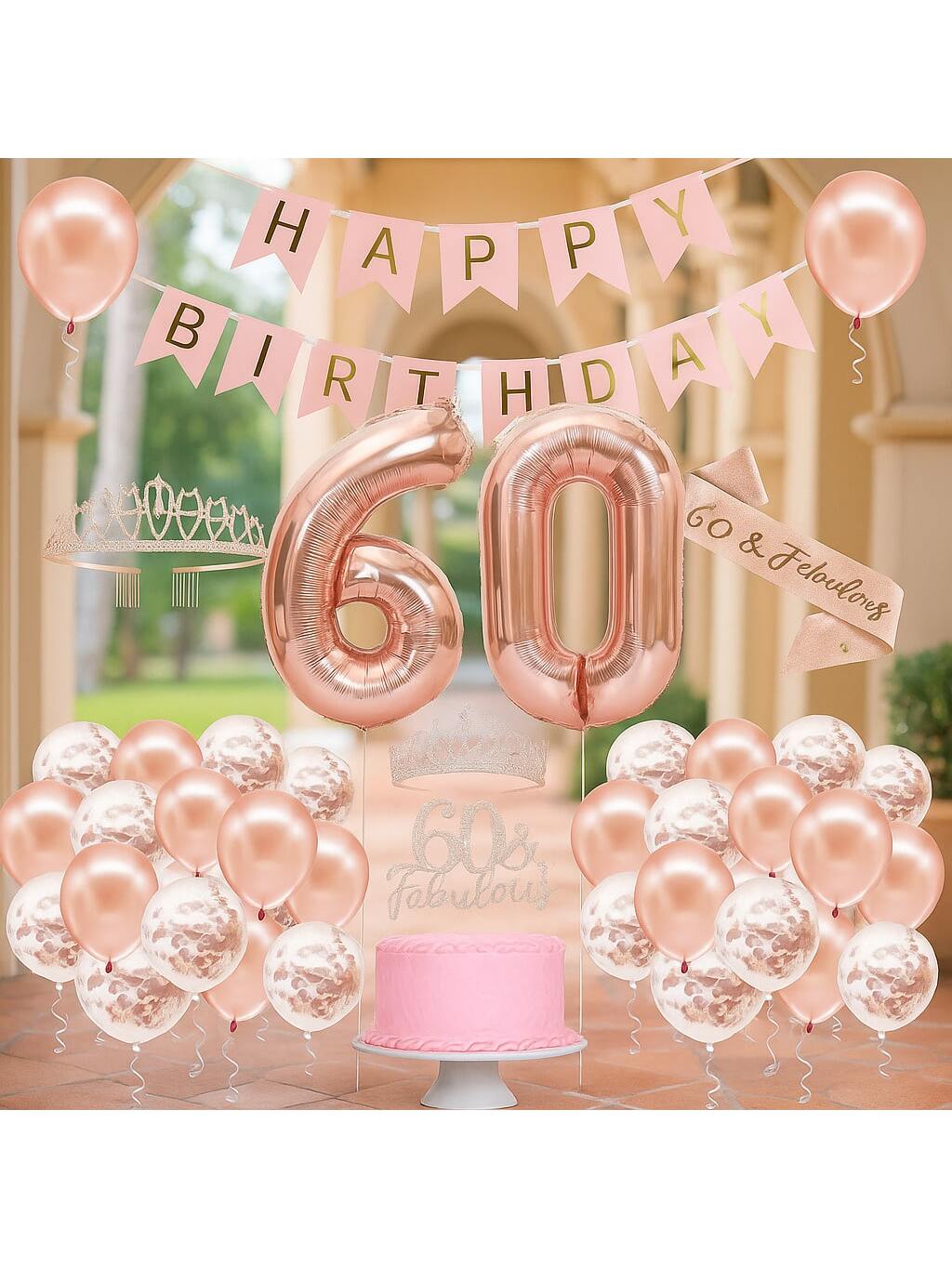 60th Birthday Rose Gold Party Decor with Banner Crown Sash and Balloon