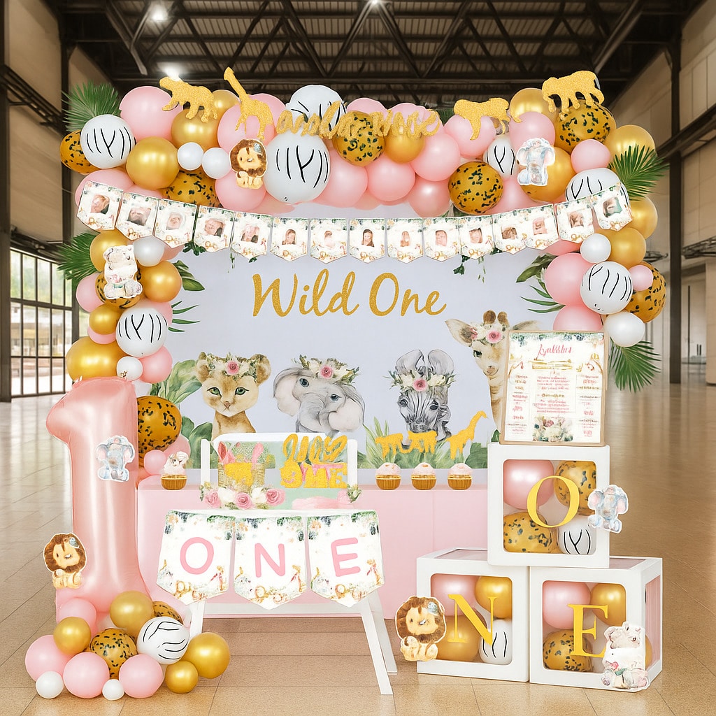 130pcs Wild One Jungle Birthday Decor Kit with Balloon Garland & Banner