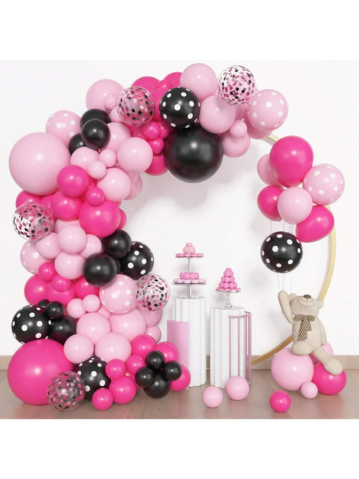 153pcs Pink Black Balloon Garland Kit with Dot Confetti for Kids Birthday & Shower