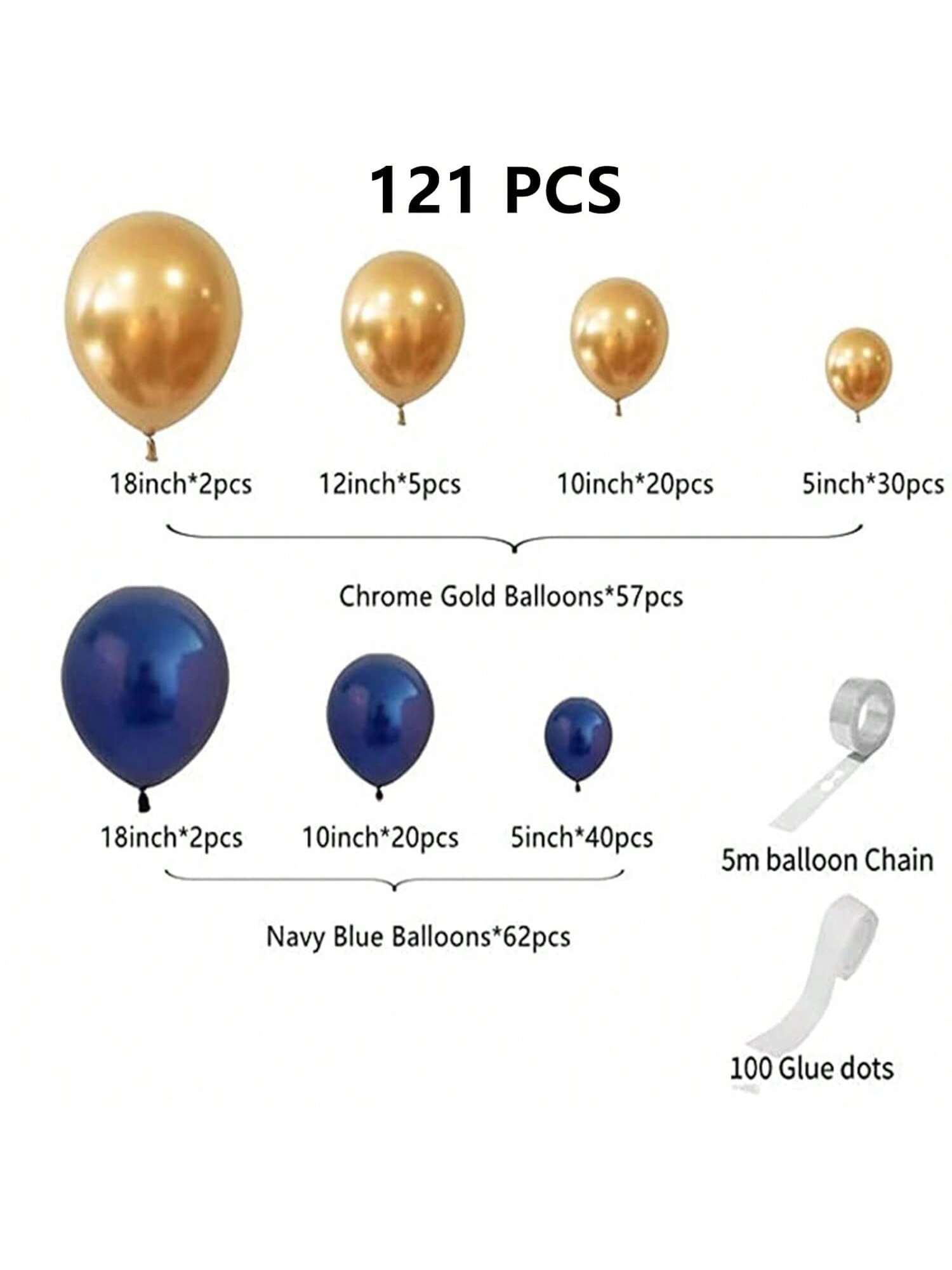 121PCS Navy Blue Gold Balloon Garland Kit Various Sizes Party Decor