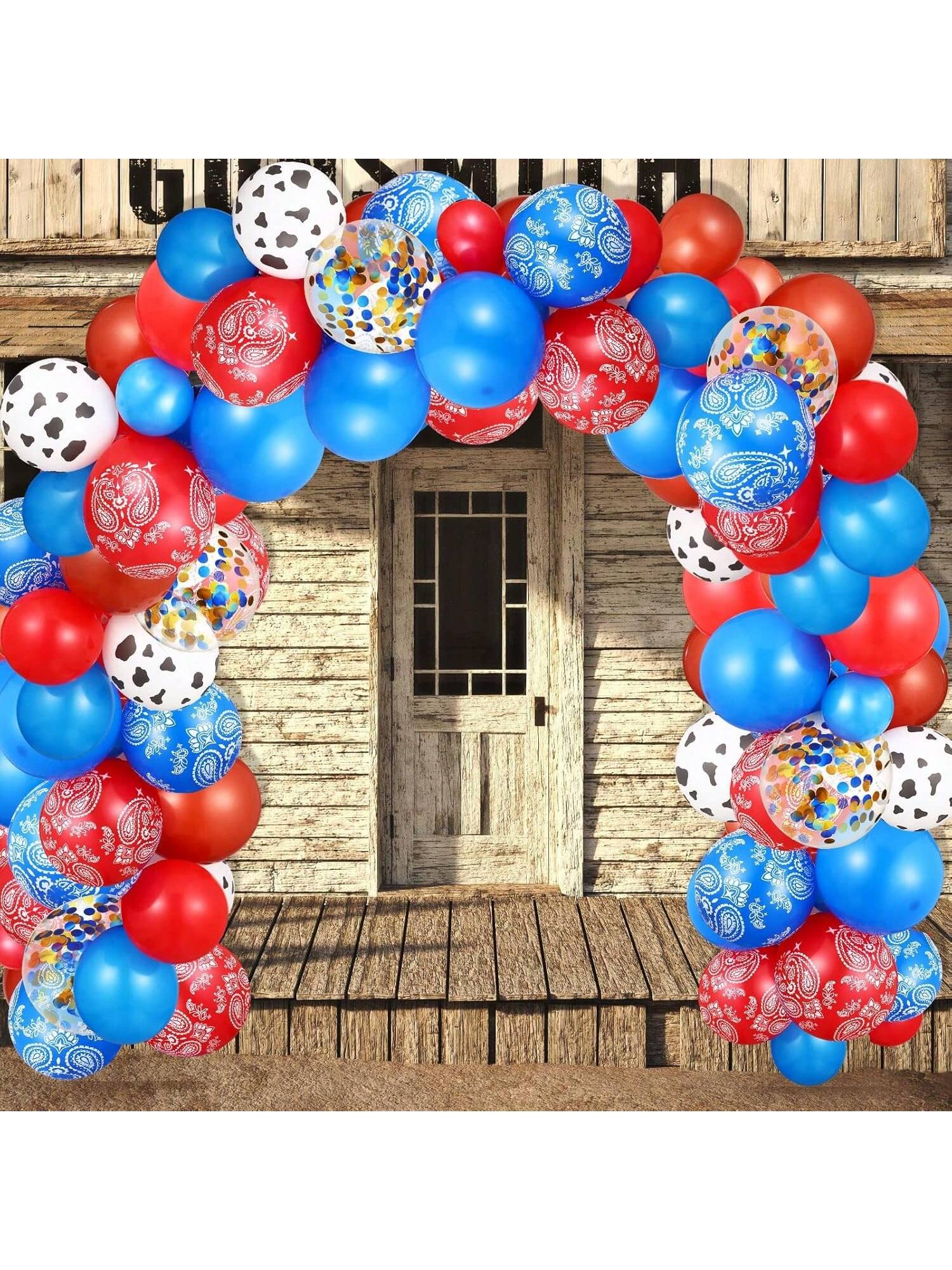 130pc Western Cow Bandana Balloon Arch Kit in Red and Blue