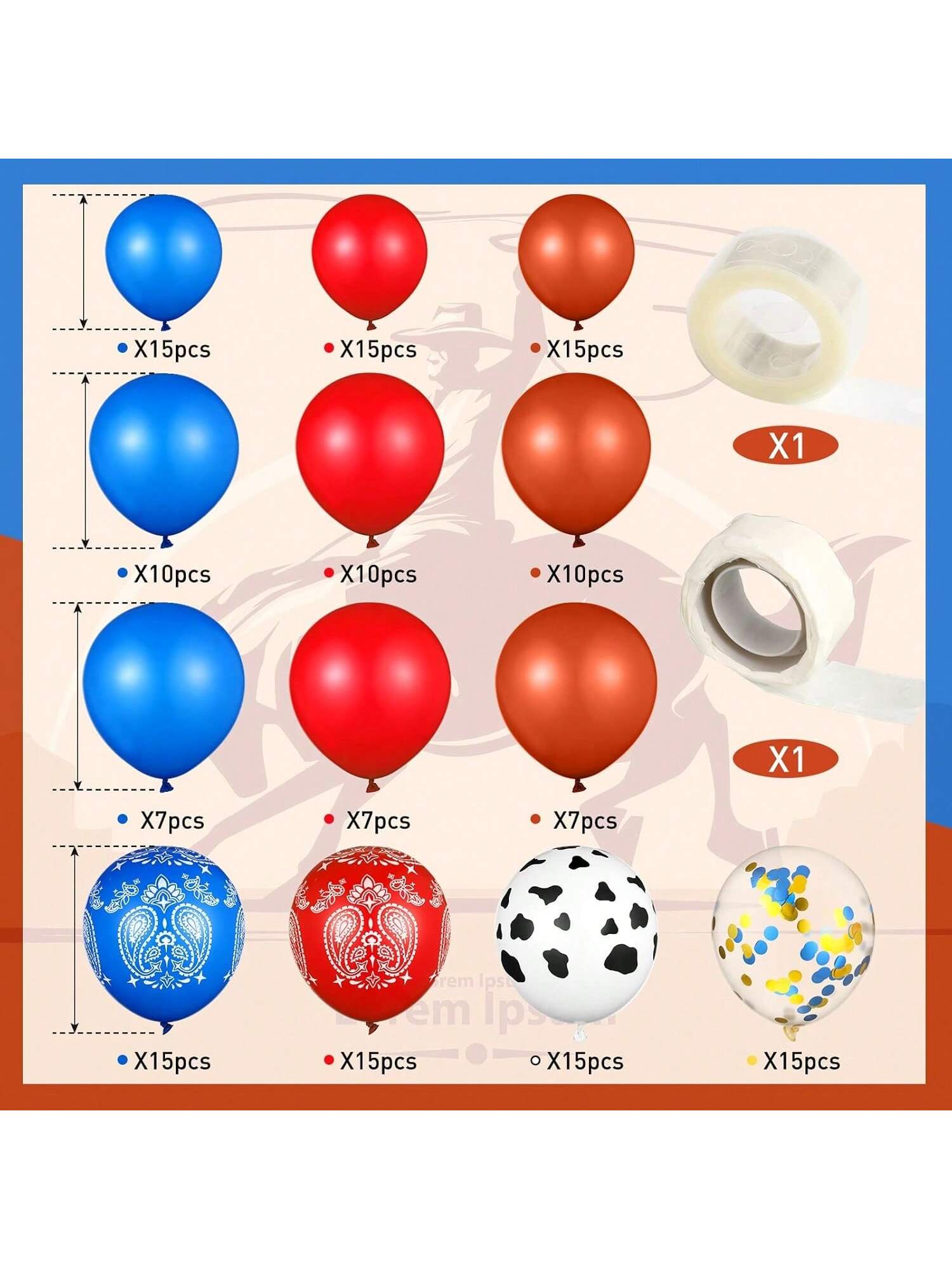 130pc Western Cow Bandana Balloon Arch Kit in Red and Blue