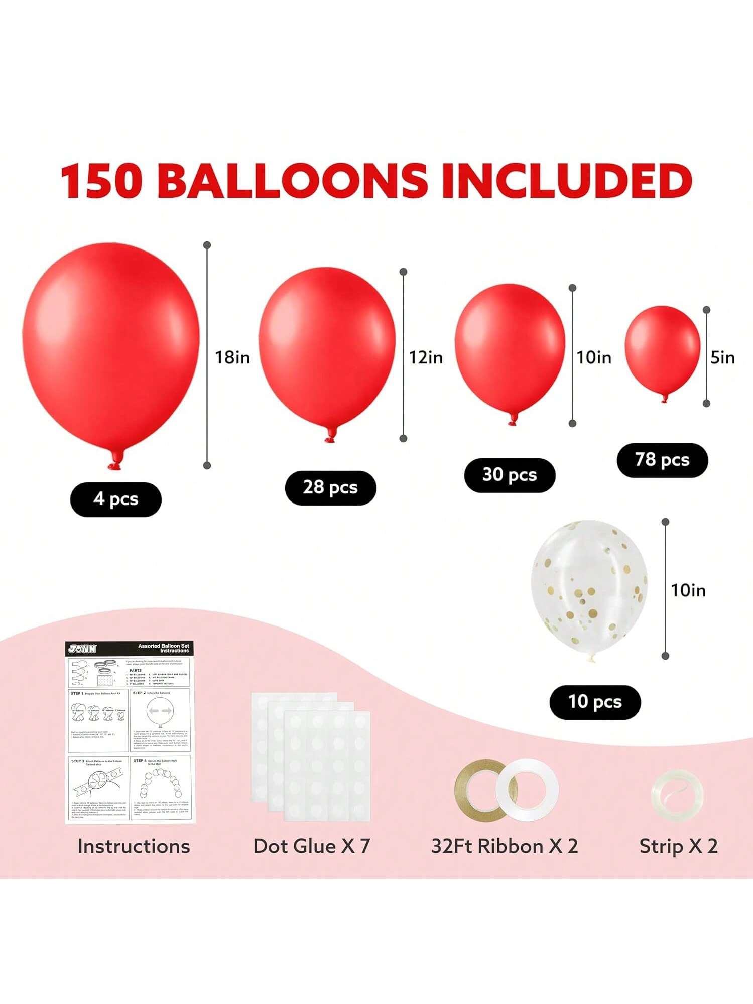 150 Red Balloons in Various Sizes with Arch Kit for Parties and Weddings