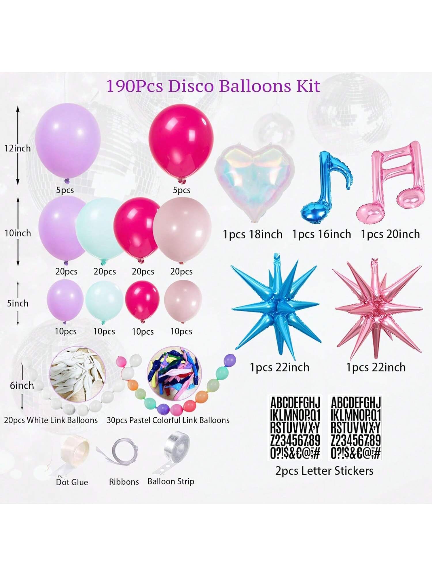 190PCS Pink Purple Blue Balloon Garland Heart Star Balloons Party Decor