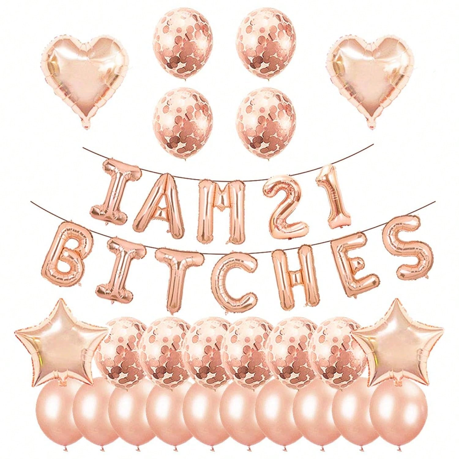 21st Birthday Party Set Funny Banner Confetti and Rose Gold Balloons