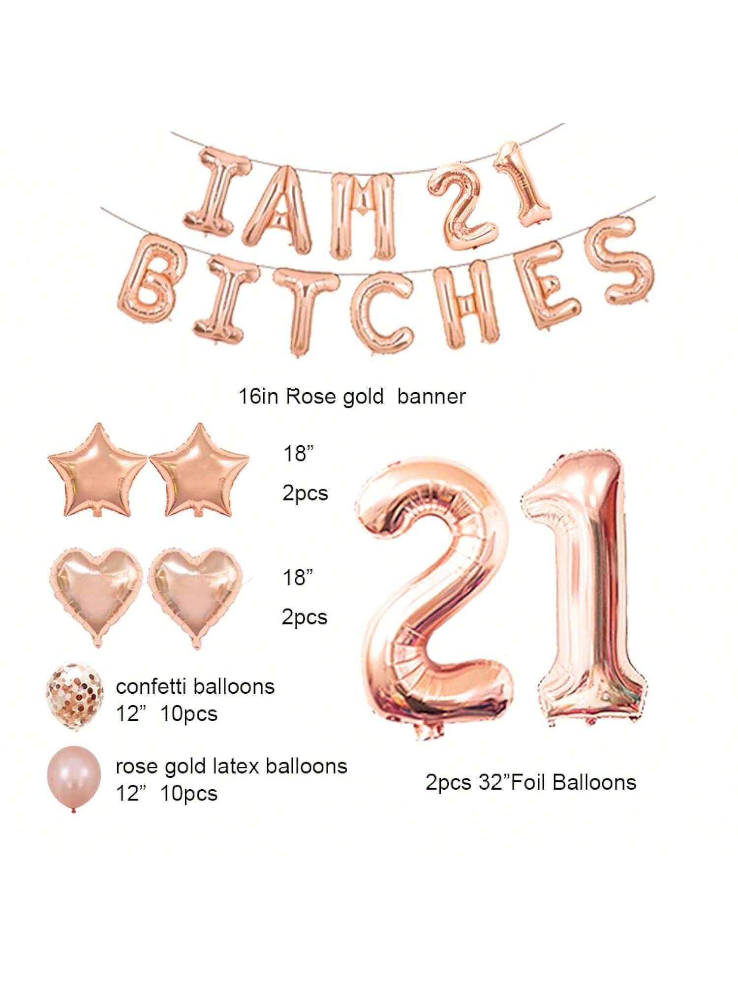 21st Birthday Party Set Funny Banner Confetti and Rose Gold Balloons