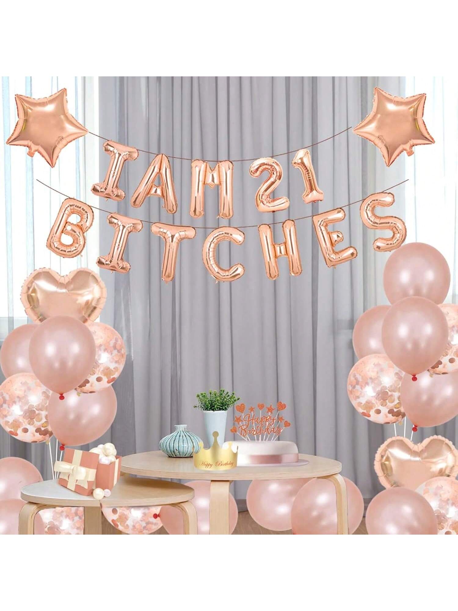 21st Birthday Party Set Funny Banner Confetti and Rose Gold Balloons