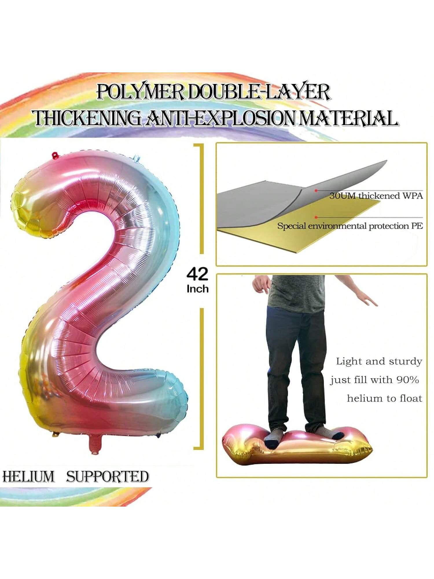 2x 42in Rainbow Foil Number 2 Balloons For Birthday Or Anniversary Party Decorations