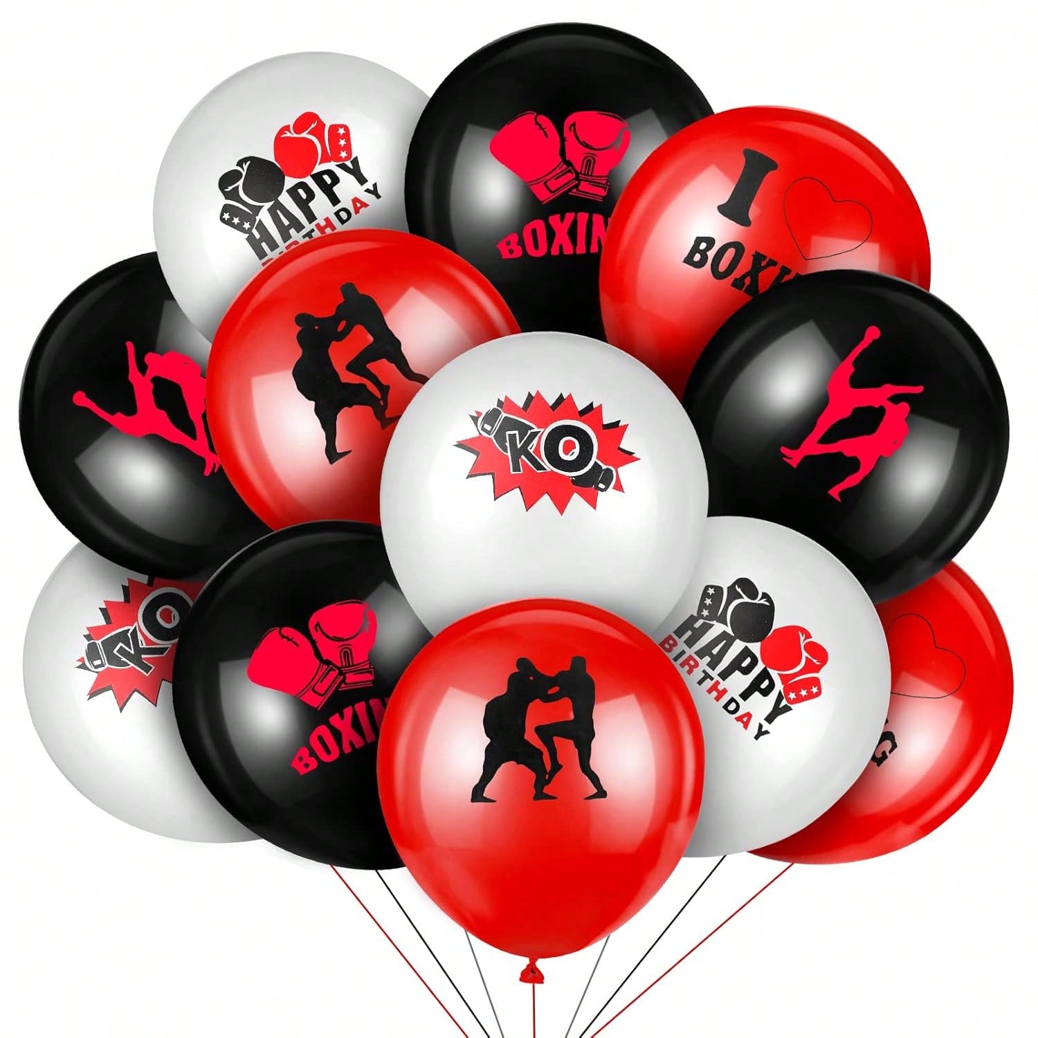 36-Pack Boxing Balloons in Red Black and White for Party Decor