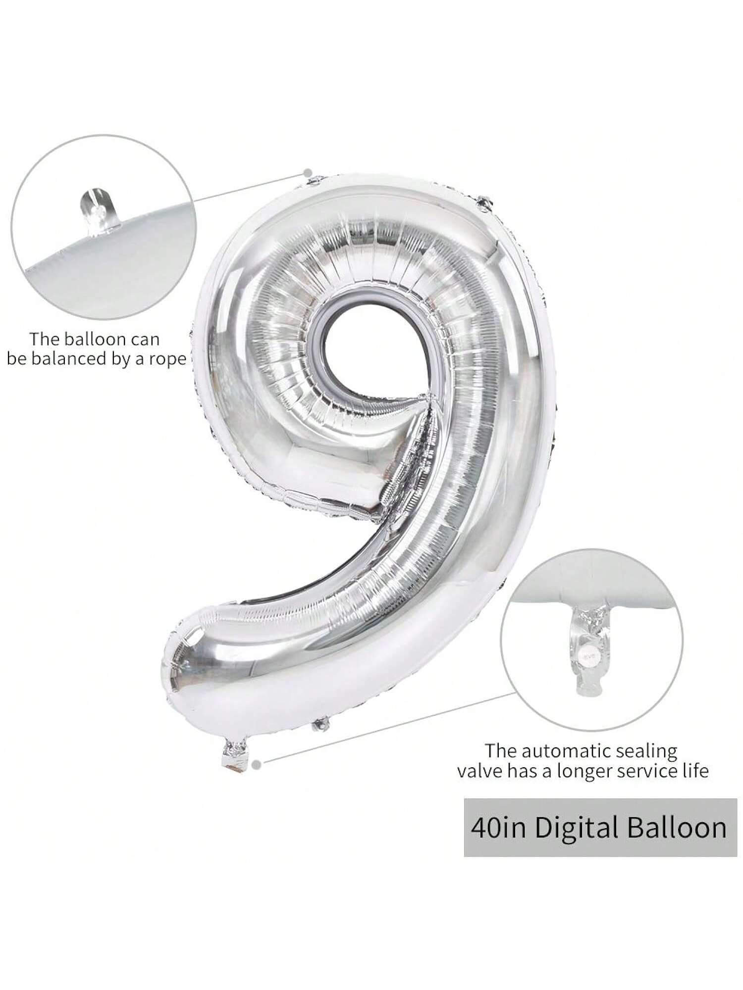40-Inch Silver Number 9 Foil Balloon for Birthday, Anniversary, or Party Decor