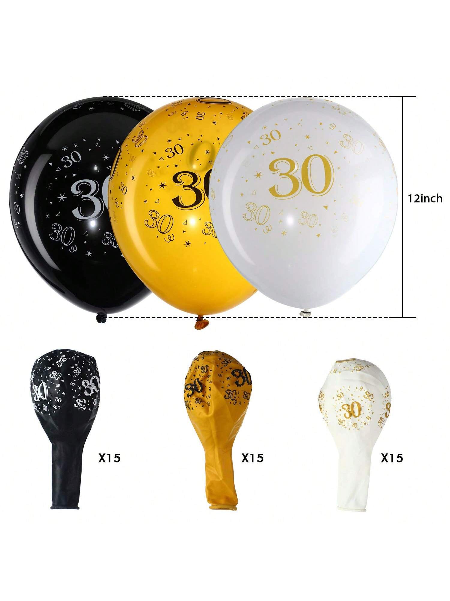 45pcs 12 Inch 30th Birthday Balloons White Gold Black Party Decorations
