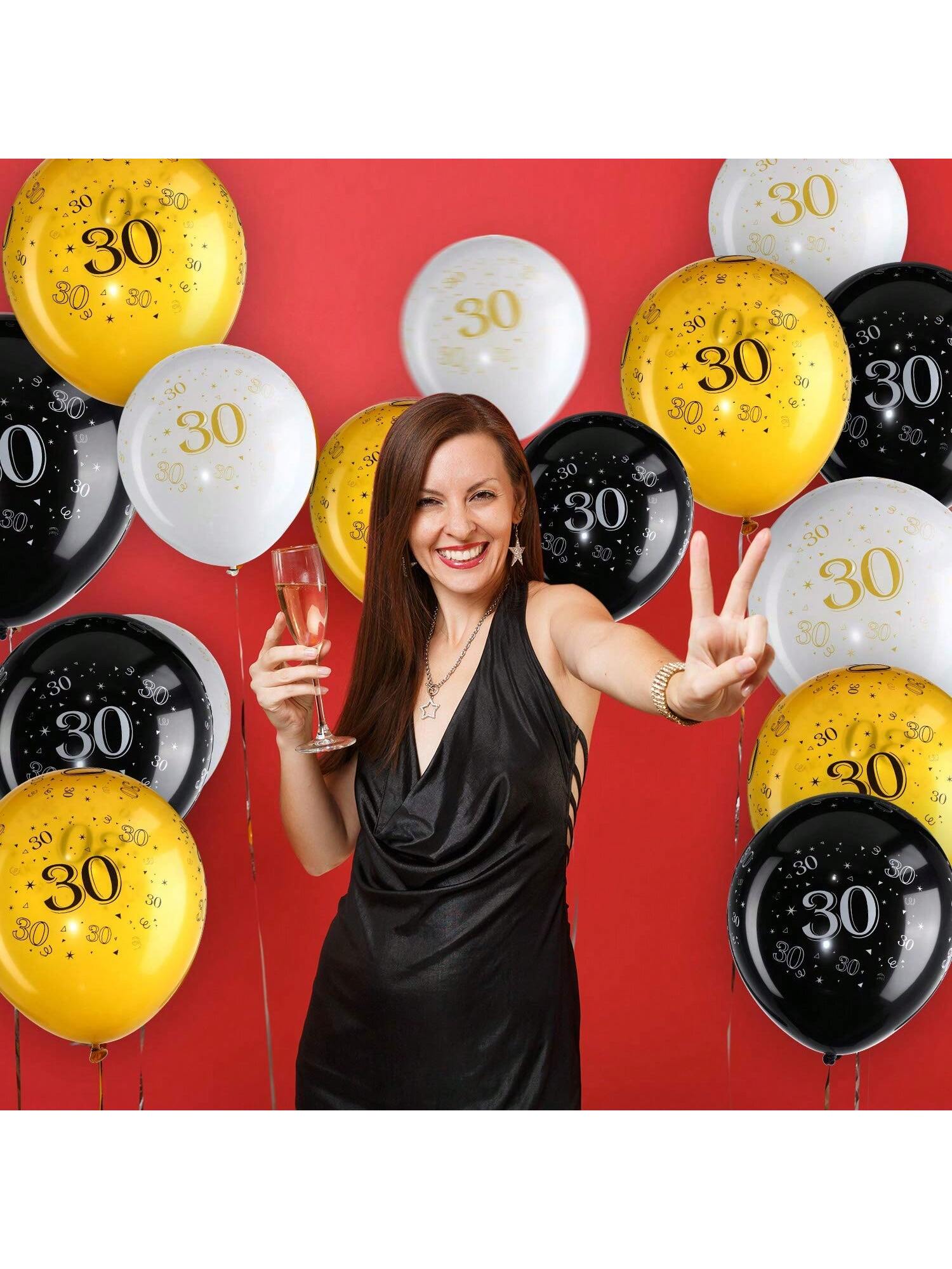 45pcs 12 Inch 30th Birthday Balloons White Gold Black Party Decorations