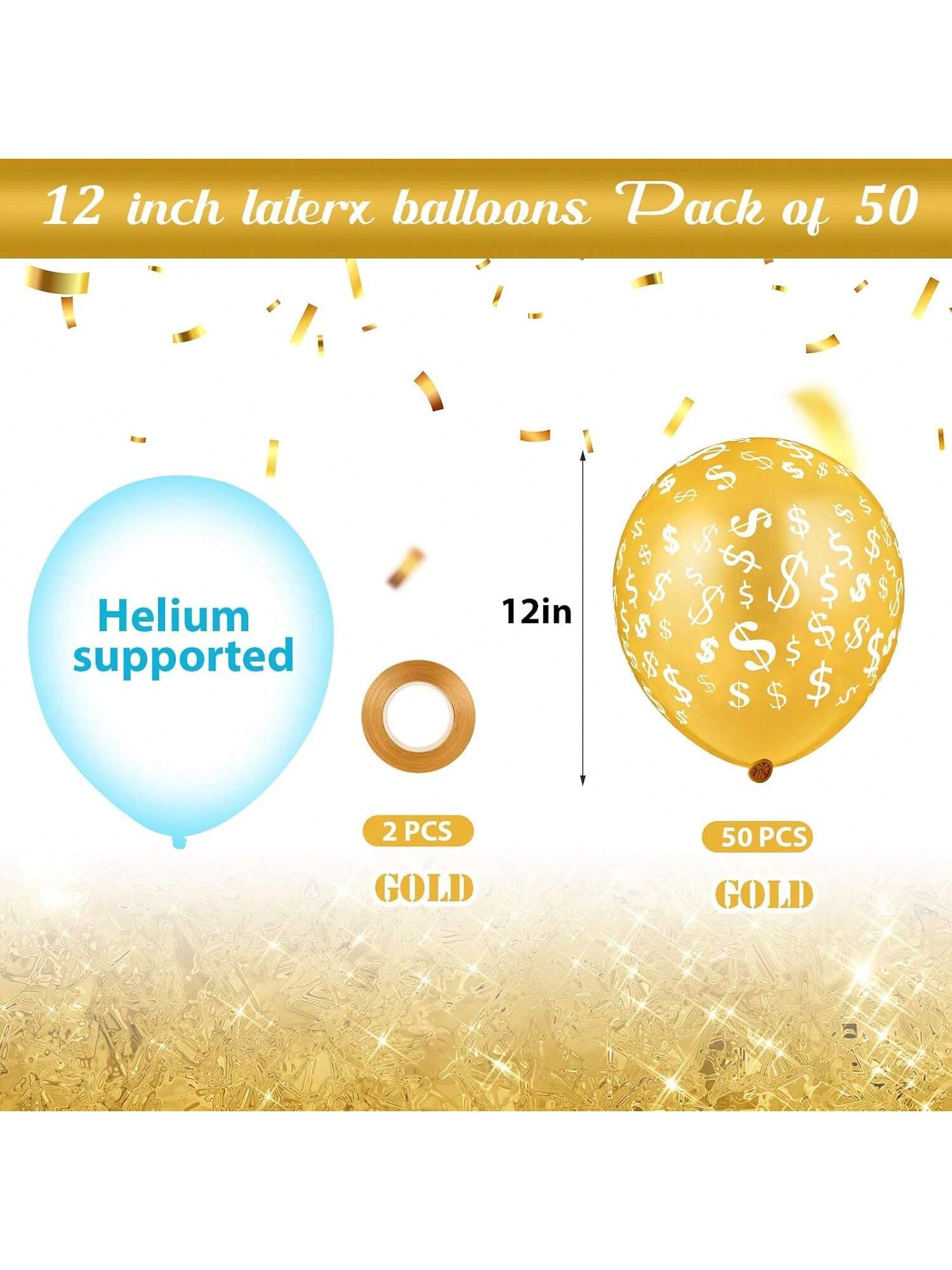 50pcs Dollar Sign Balloons 12 Inch with Gold Ribbon for Party Wedding Casino