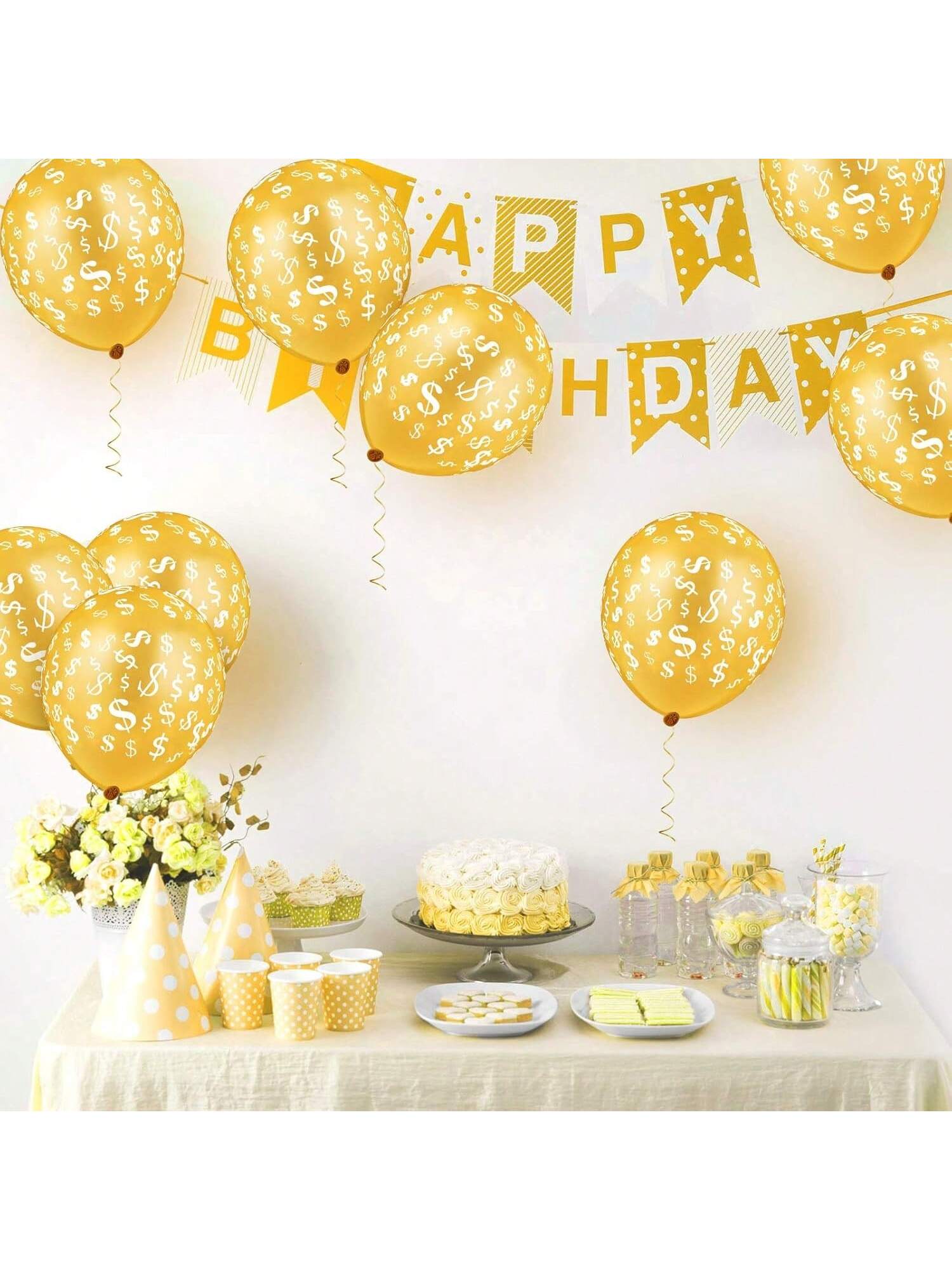 50pcs Dollar Sign Balloons 12 Inch with Gold Ribbon for Party Wedding Casino