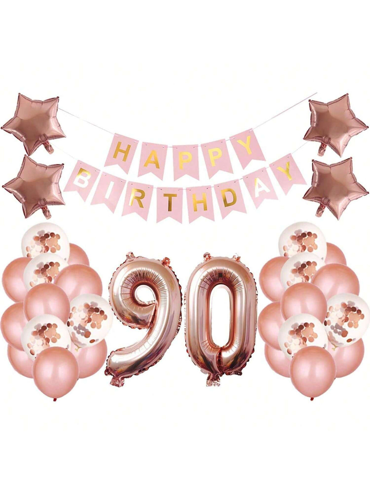90th Birthday Party Decorations Kit Banner and Balloons Rose Gold Set