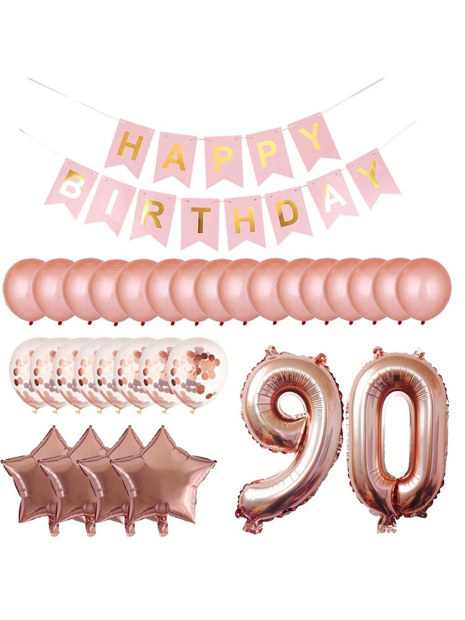 90th Birthday Party Decorations Kit Banner and Balloons Rose Gold Set