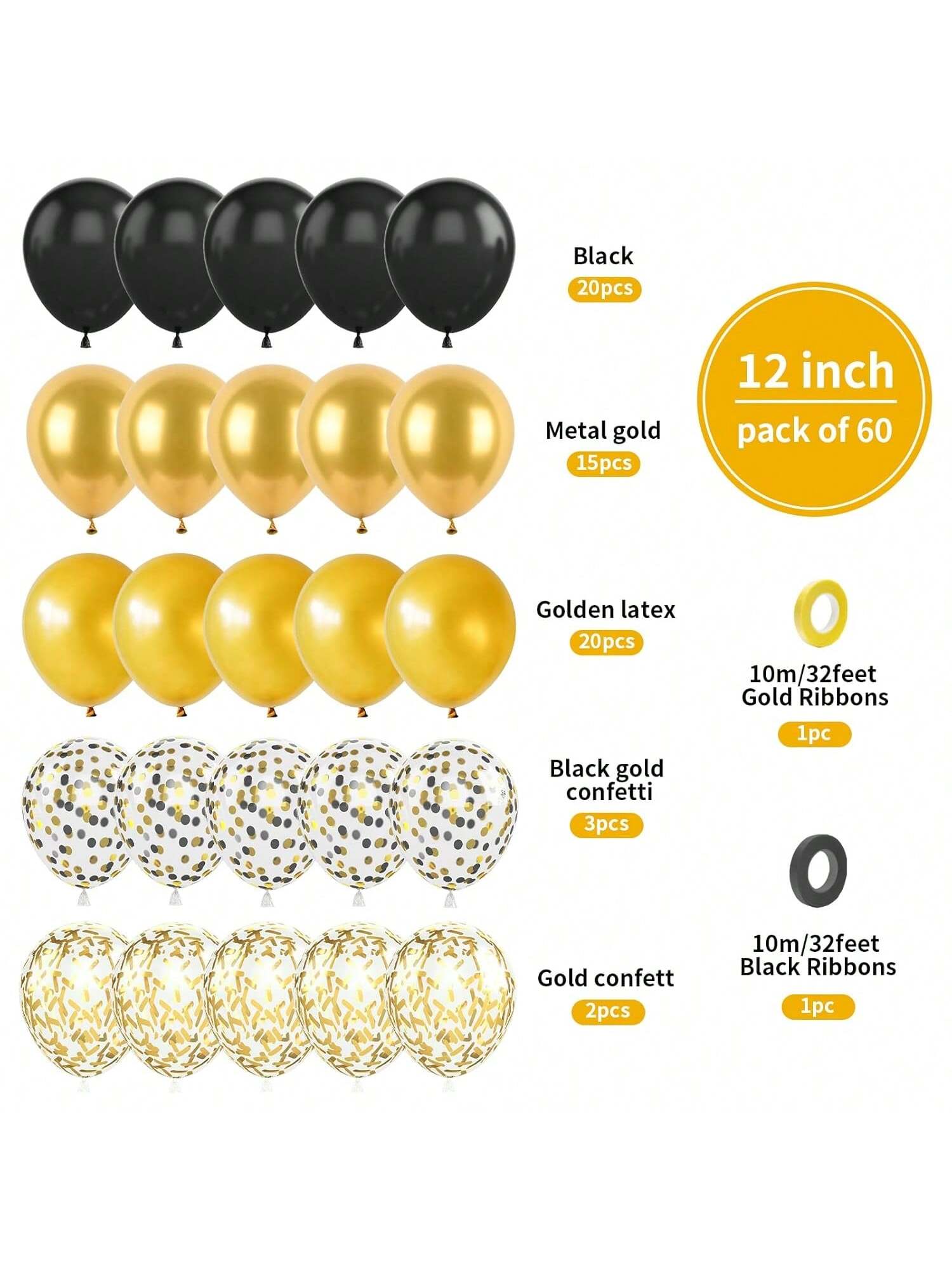 60pcs Black Gold 12in Metallic Confetti Pearl Balloons for Parties & Celebrations