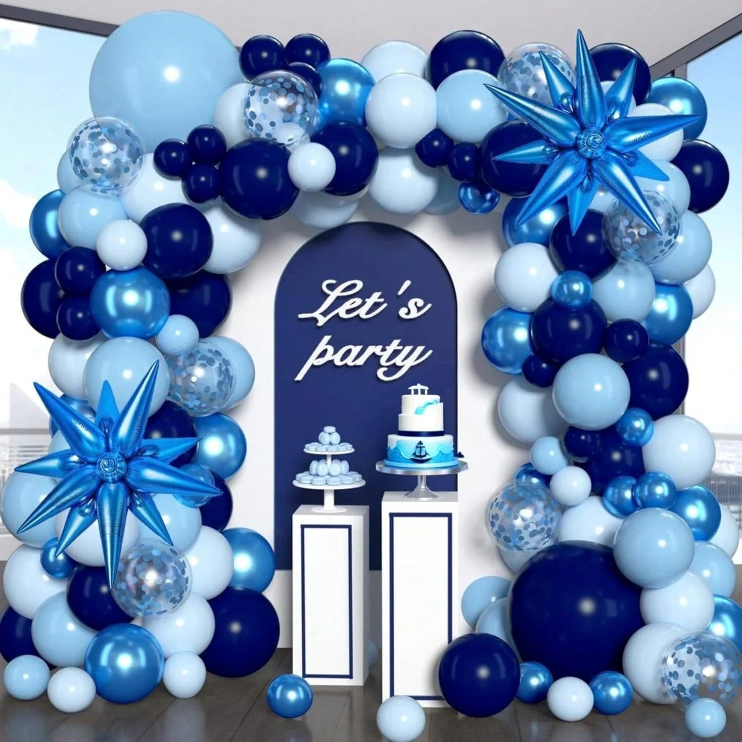 Blue Balloon Garland Arch Kit with Chrome Macaron and Star Balloons