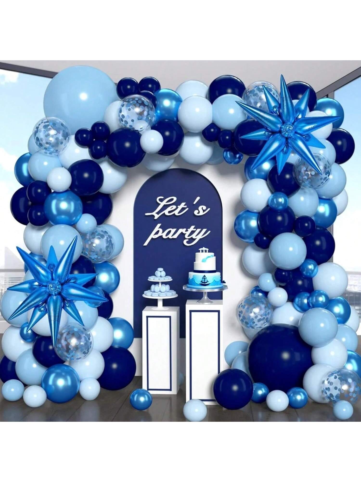 Blue Balloon Garland Arch Kit with Chrome Macaron and Star Balloons