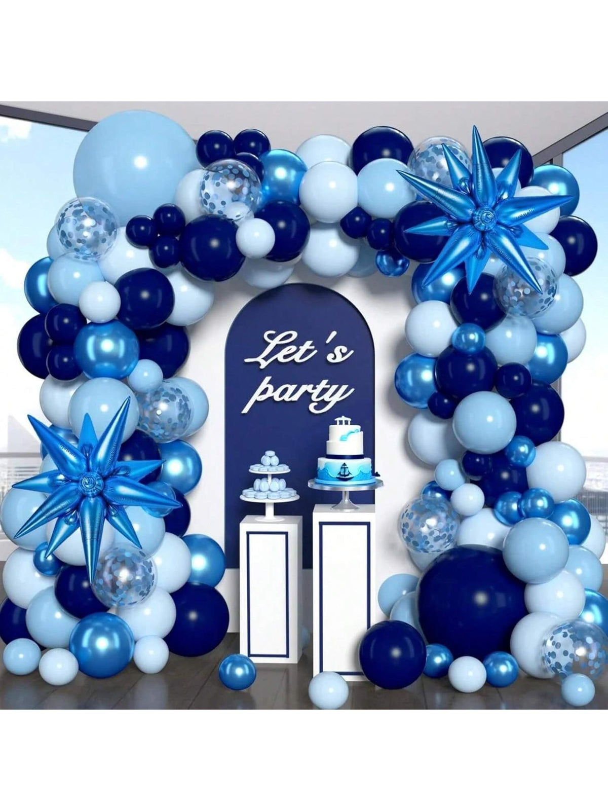 Blue Balloon Garland Arch Kit with Chrome Macaron and Star Balloons