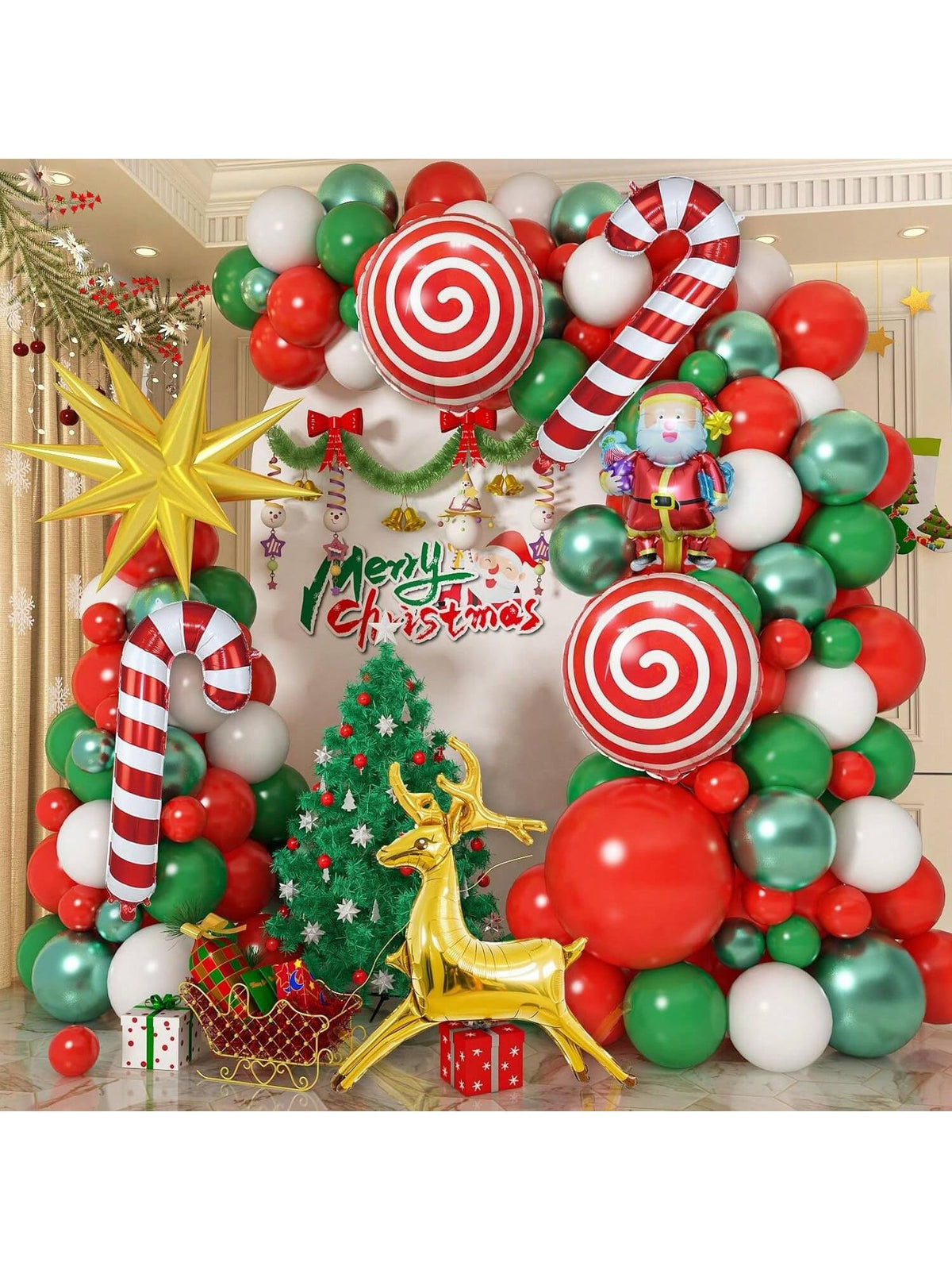 Christmas Balloon Garland Arch Kit Red White Green Candy Santa Foil Decor