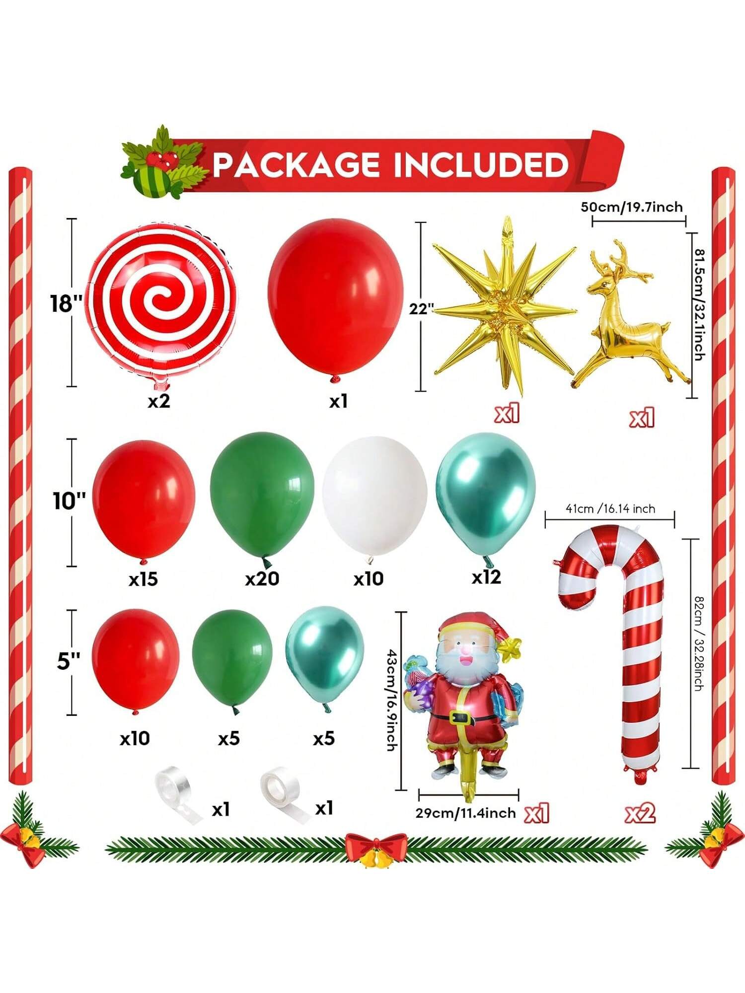Christmas Balloon Garland Arch Kit Red White Green Candy Santa Foil Decor