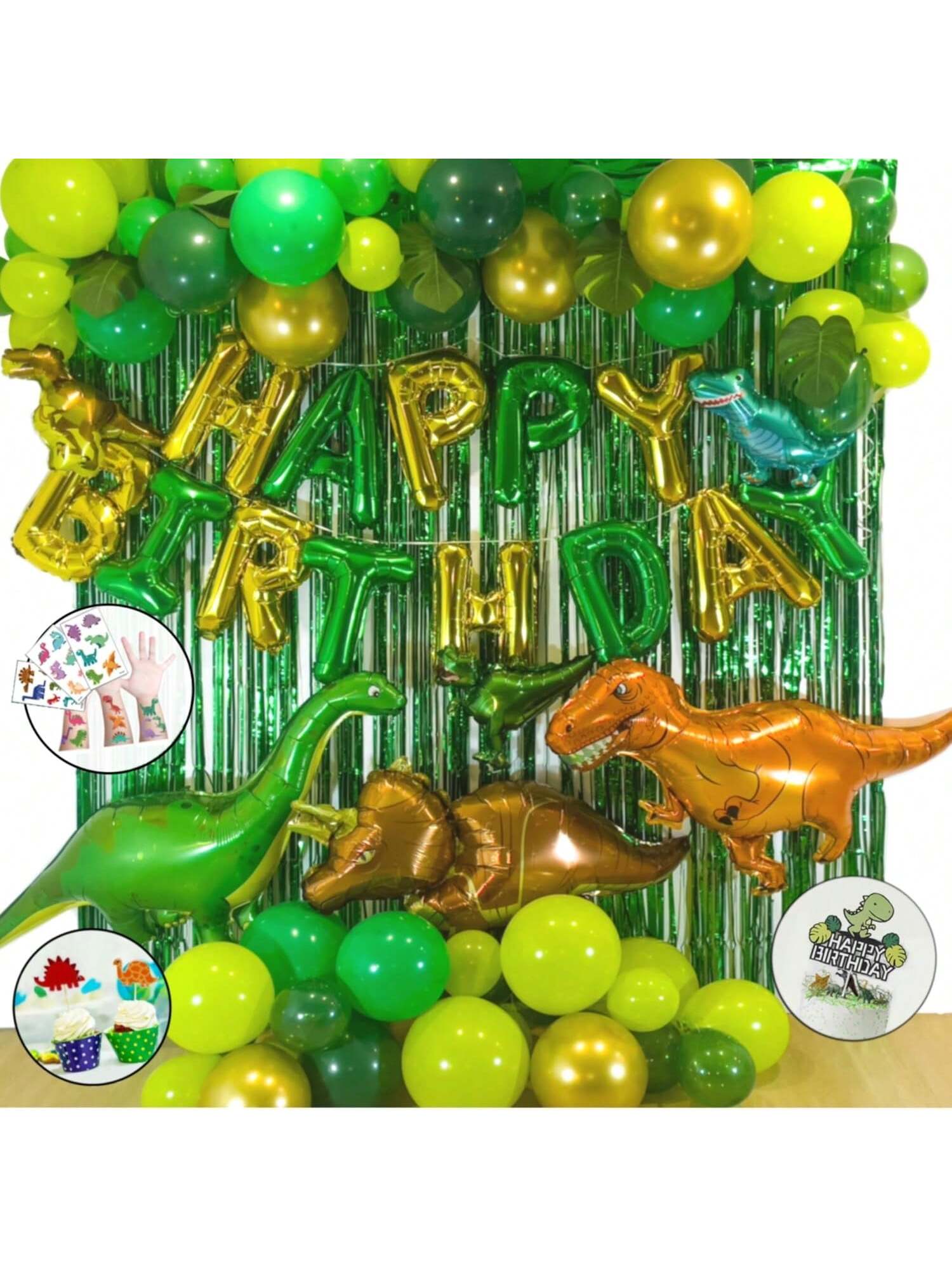 Dinosaur Party Decoration Set with T-Rex Cake Topper Balloon Garland and Stickers