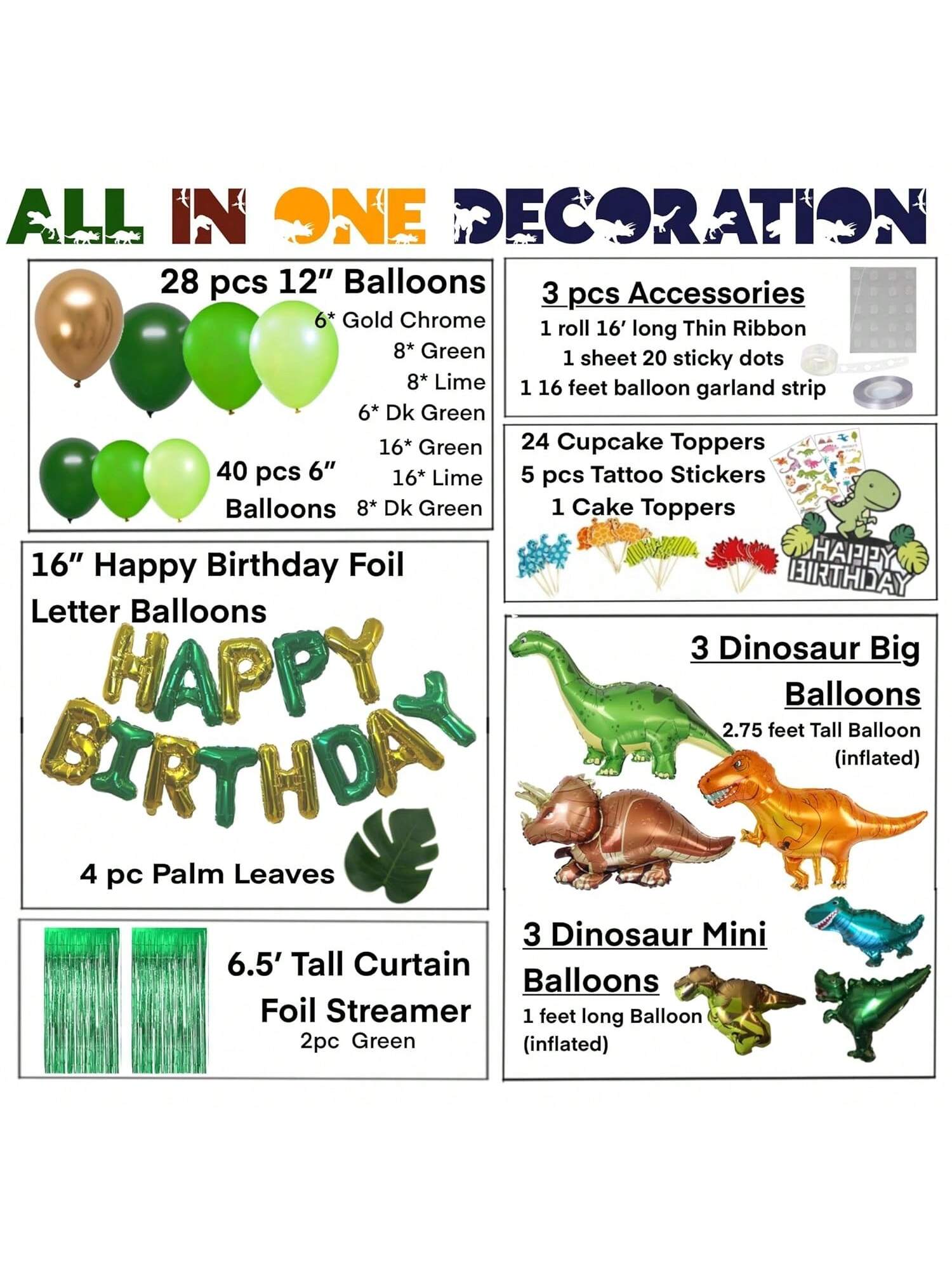 Dinosaur Party Decoration Set with T-Rex Cake Topper Balloon Garland and Stickers