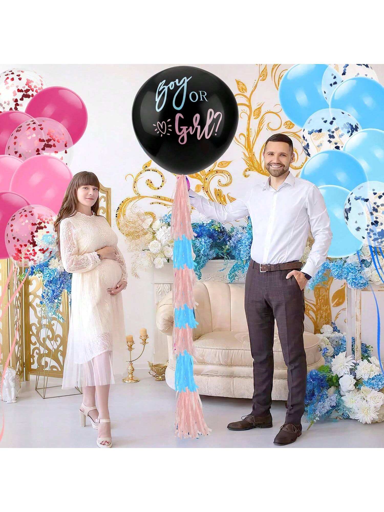 36 Inch Black Gender Reveal Balloon with Blue and Pink Confetti for Party Decor