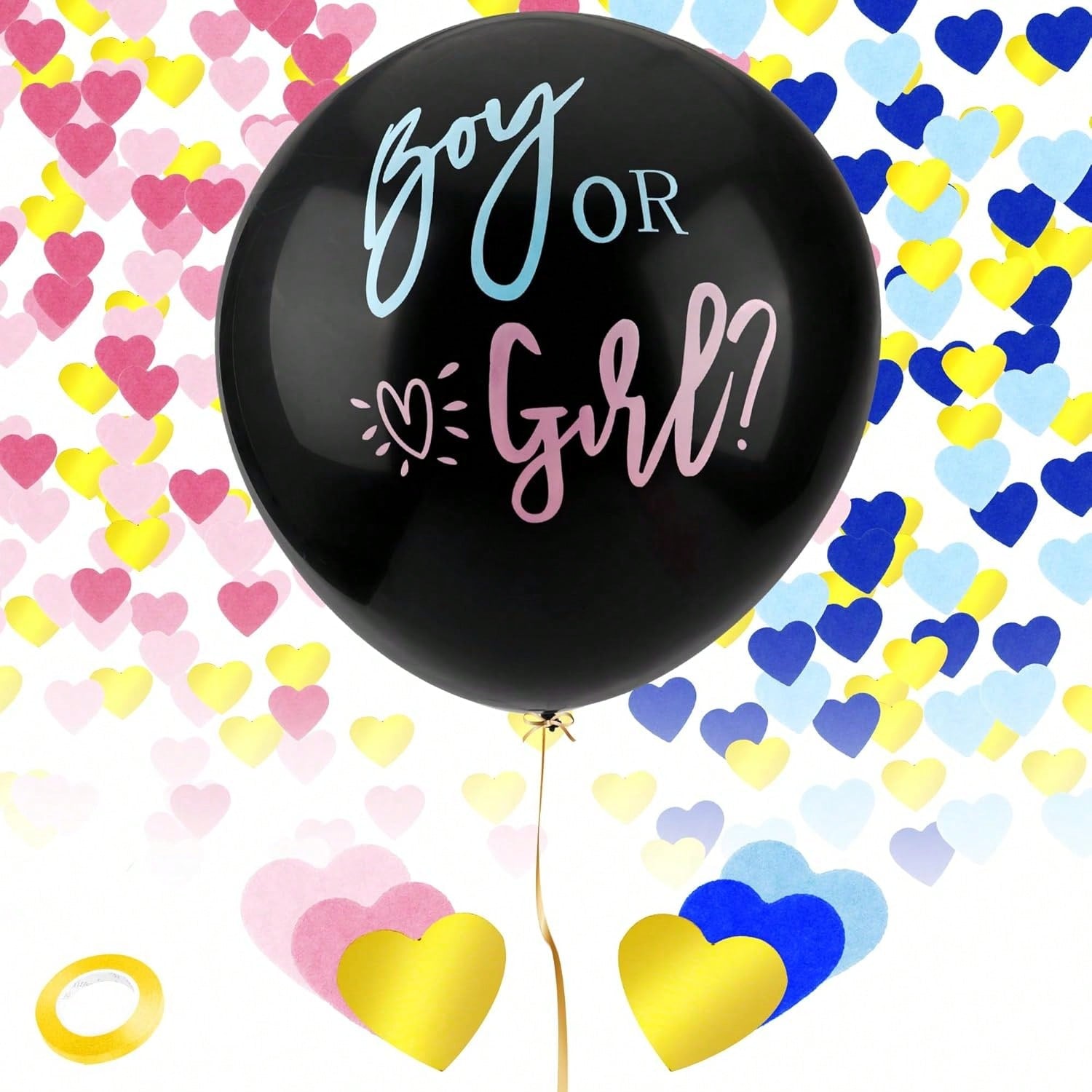 36 Inch Black Gender Reveal Balloon with Blue and Pink Confetti for Party Decor