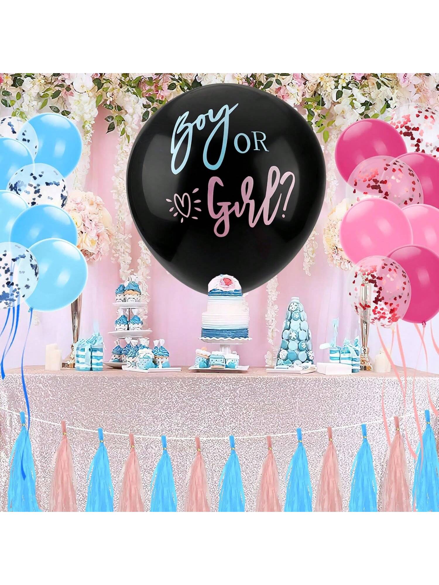 36 Inch Black Gender Reveal Balloon with Blue and Pink Confetti for Party Decor
