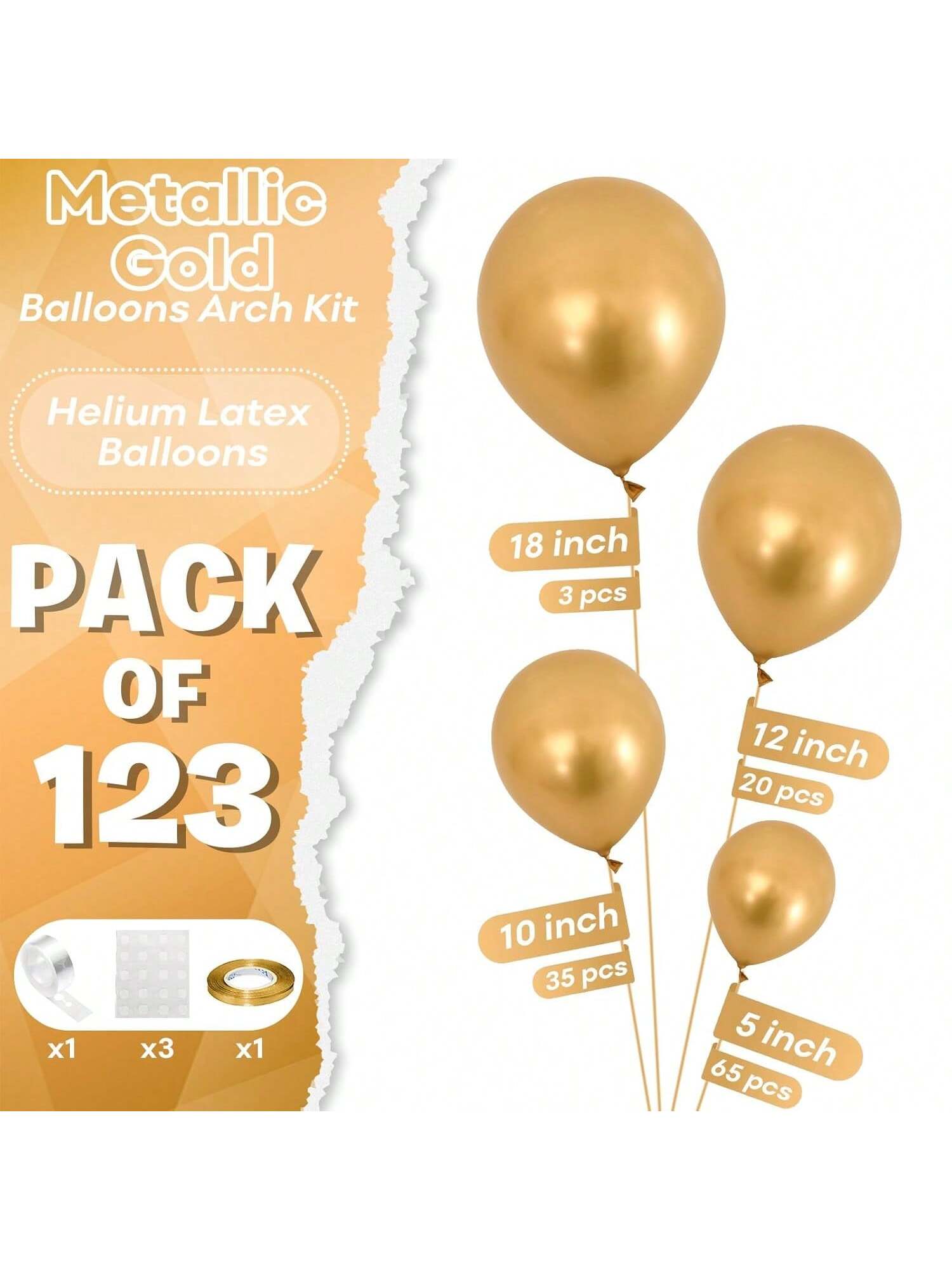 123PCS Metallic Gold Balloon Arch Kit in 18 12 10 5in for Party Decor