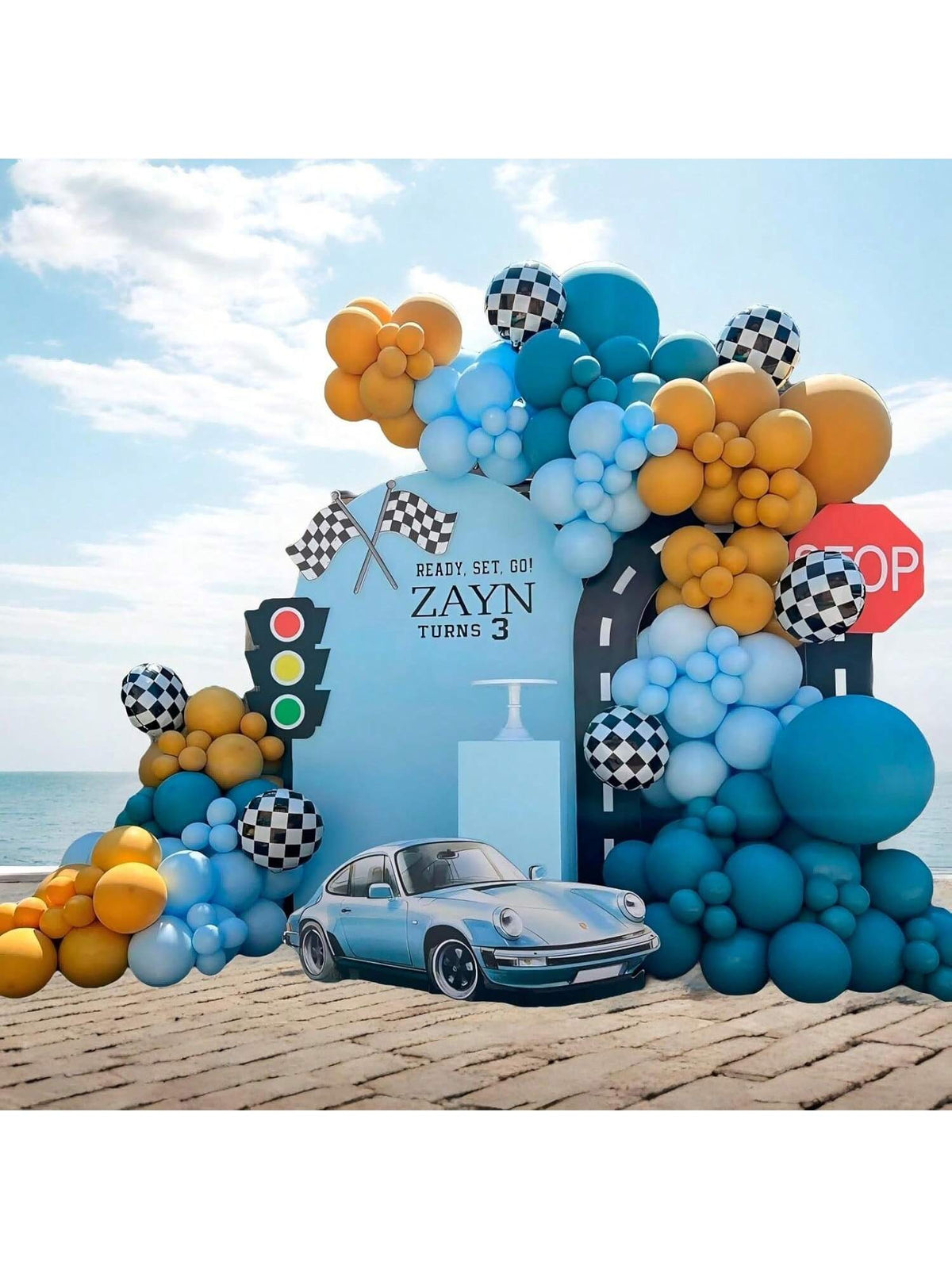 155PCS Race Car Balloon Garland Kit with Blue Yellow Checkered Foil Balloons
