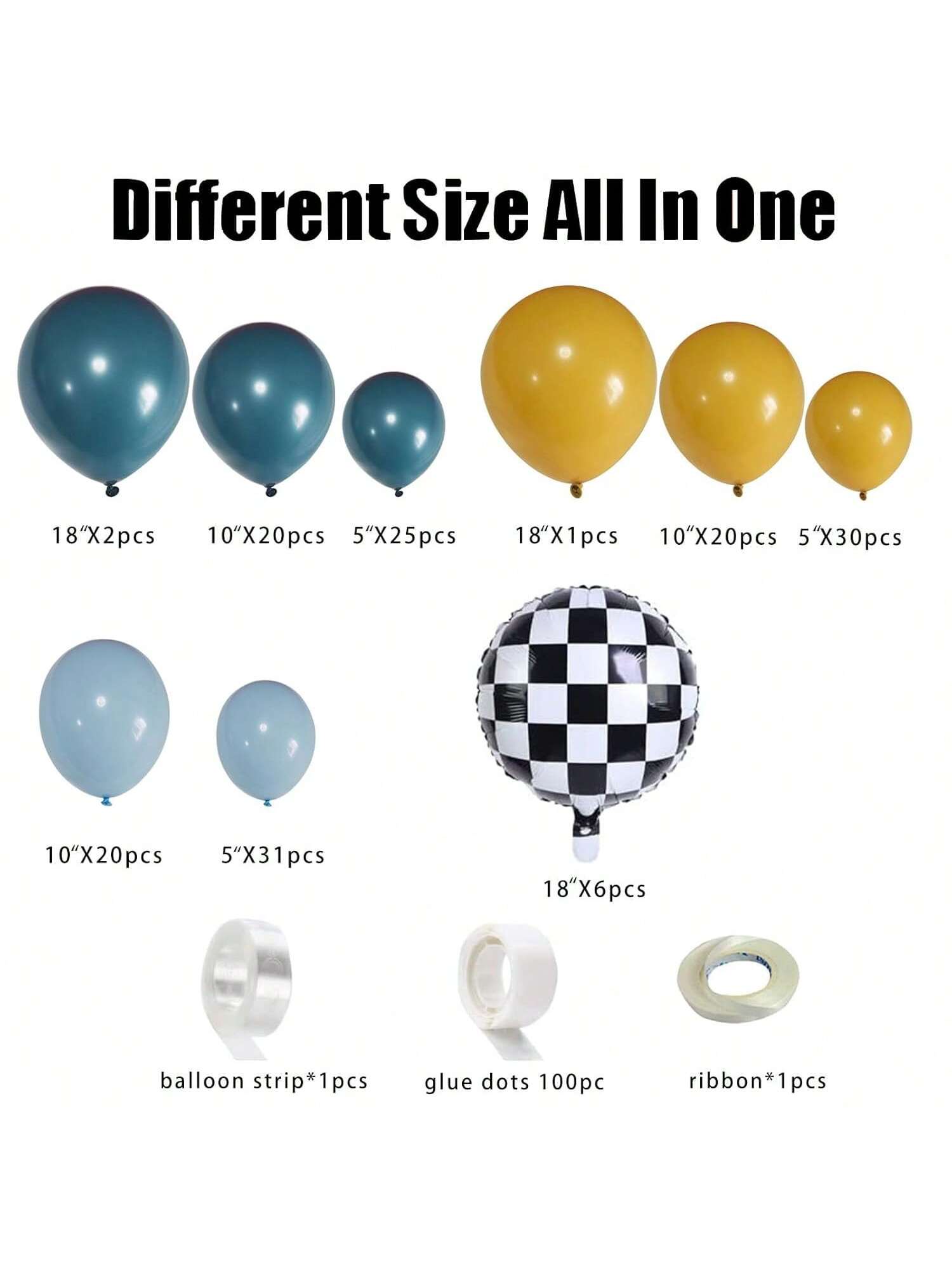 155PCS Race Car Balloon Garland Kit with Blue Yellow Checkered Foil Balloons