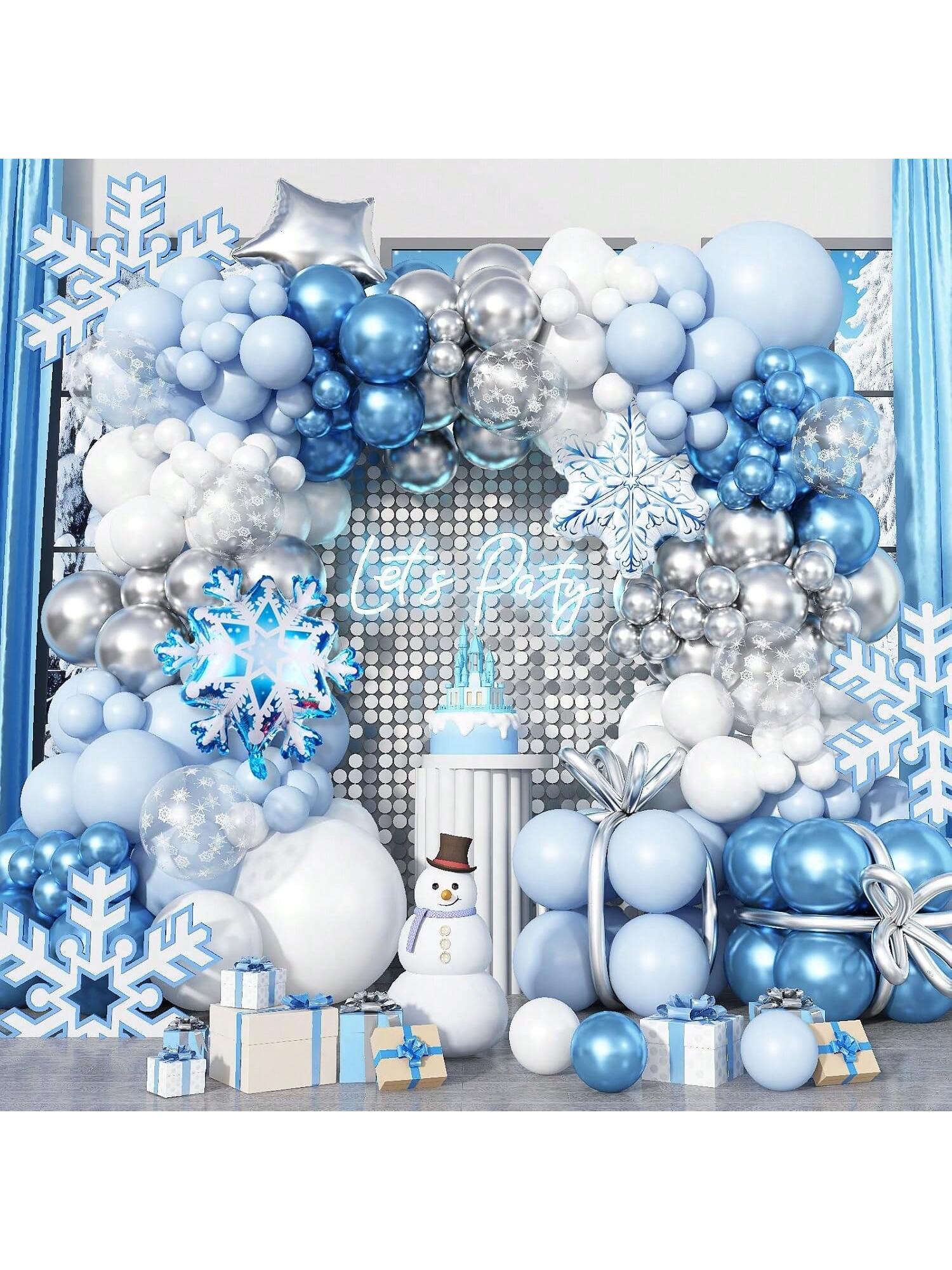 Winter Wonderland Balloon Arch Kit with Blue White Snowflake and Star Balloons