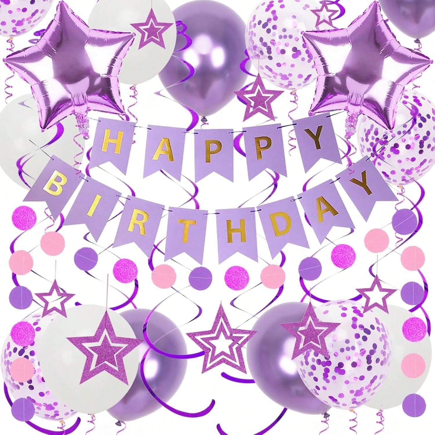 Purple Birthday Decor Banner Star Balloons Glitter Stars Swirls and Paper Garland