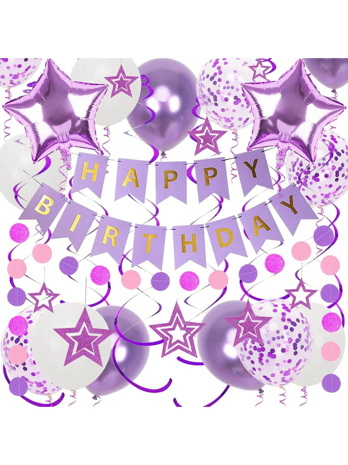 Purple Birthday Decor Banner Star Balloons Glitter Stars Swirls and Paper Garland