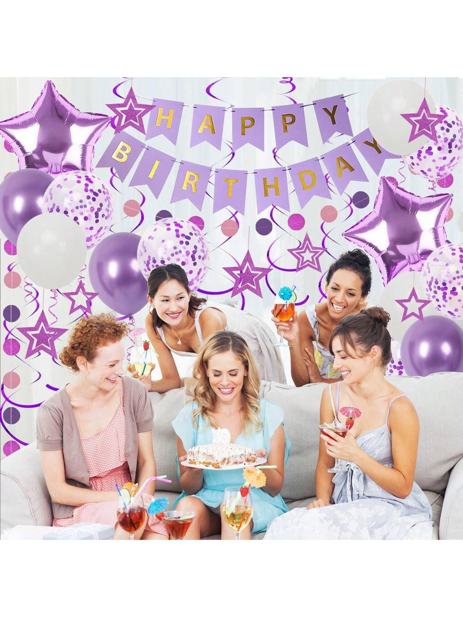 Purple Birthday Decor Banner Star Balloons Glitter Stars Swirls and Paper Garland