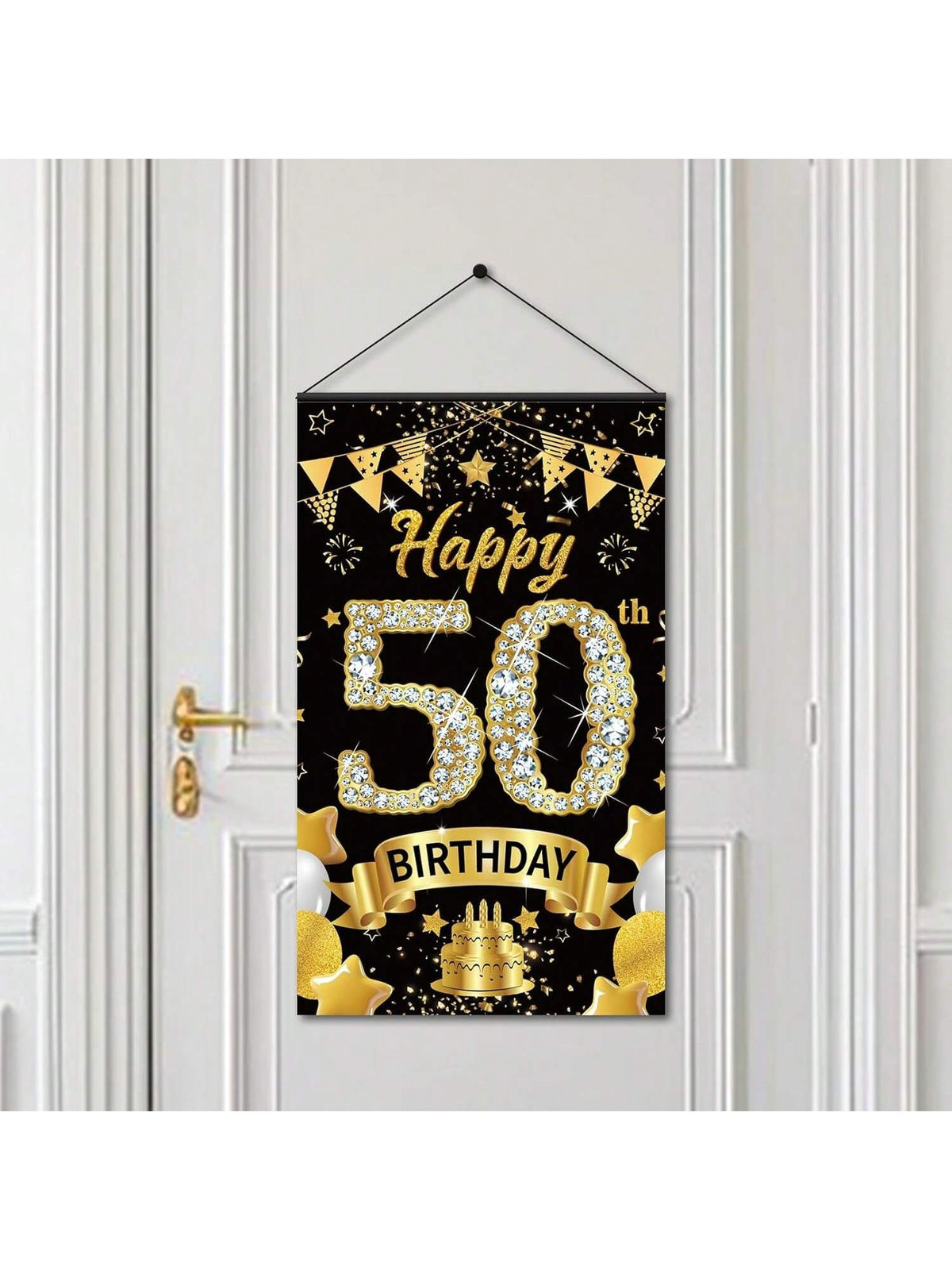 50th Birthday Door Banner Black Gold Party Decoration for Men and Women