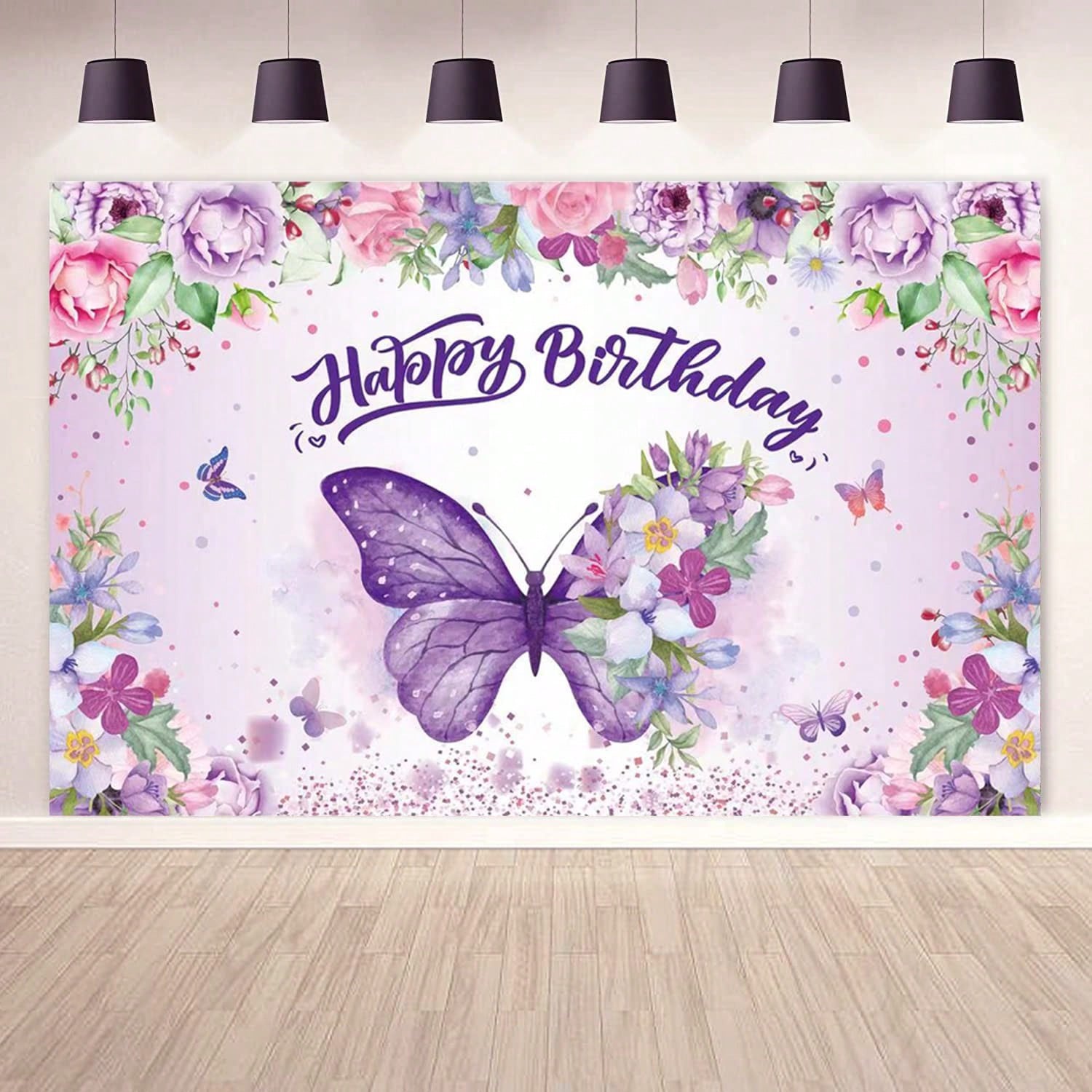 Purple Butterfly Happy Birthday Backdrop Banner for Women Shower & Spring Party