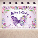 Purple Butterfly Happy Birthday Backdrop Banner for Women Shower & Spring Party