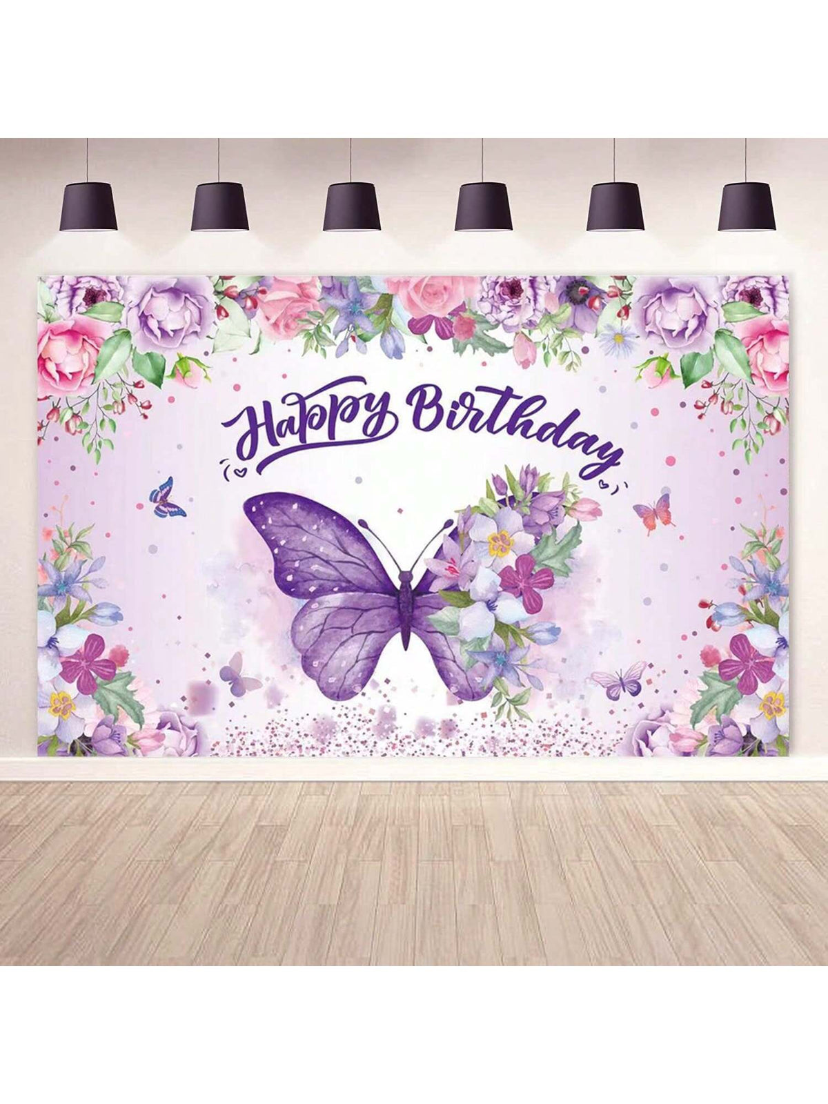 Purple Butterfly Happy Birthday Backdrop Banner for Women Shower & Spring Party