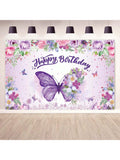 Purple Butterfly Happy Birthday Backdrop Banner for Women Shower & Spring Party