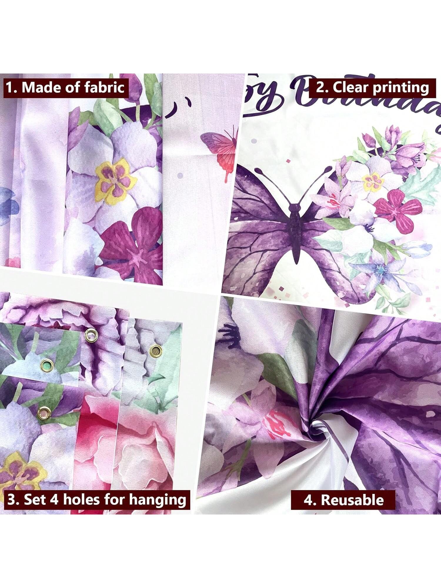 Purple Butterfly Happy Birthday Backdrop Banner for Women Shower & Spring Party