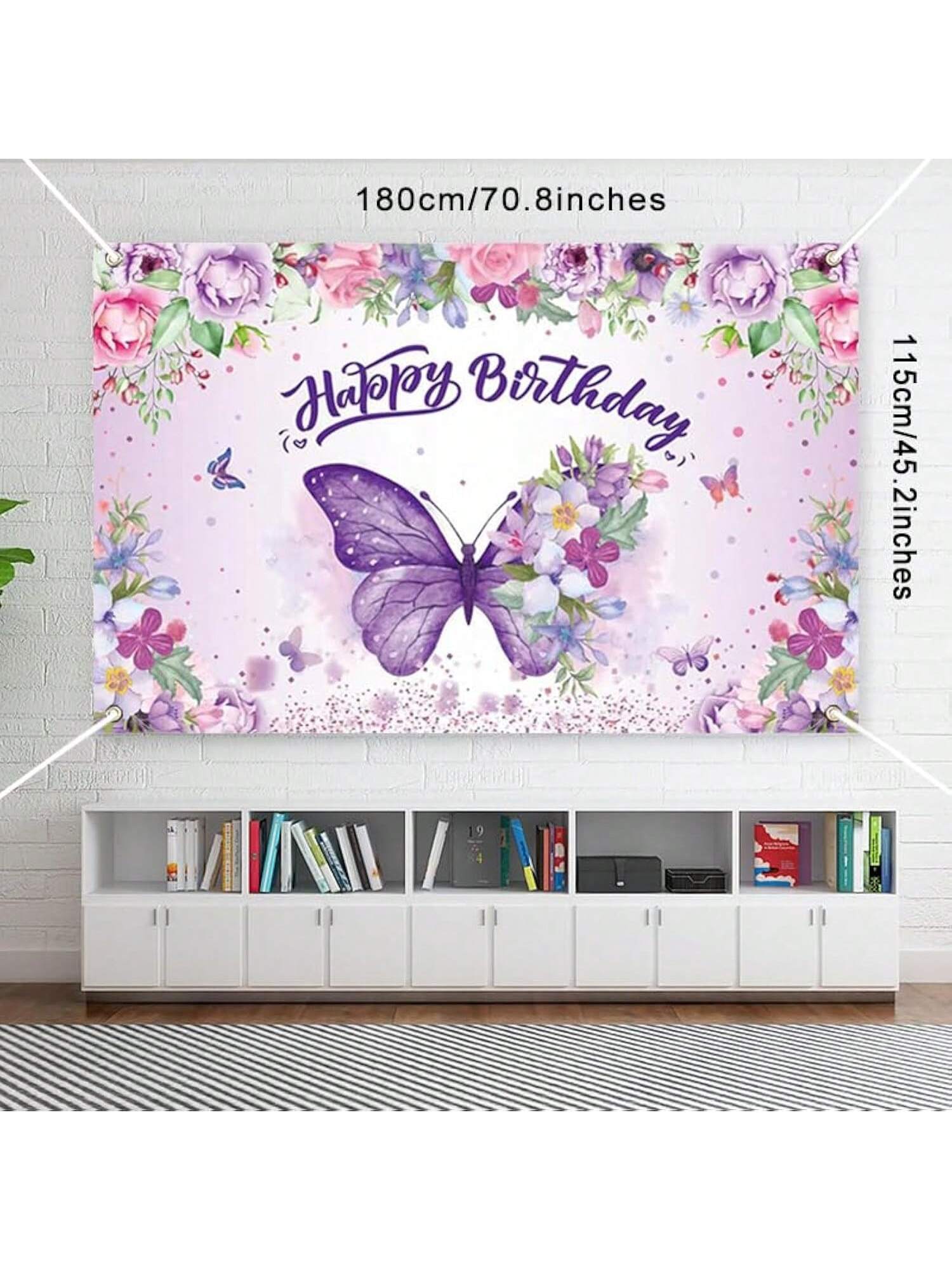 Purple Butterfly Happy Birthday Backdrop Banner for Women Shower & Spring Party
