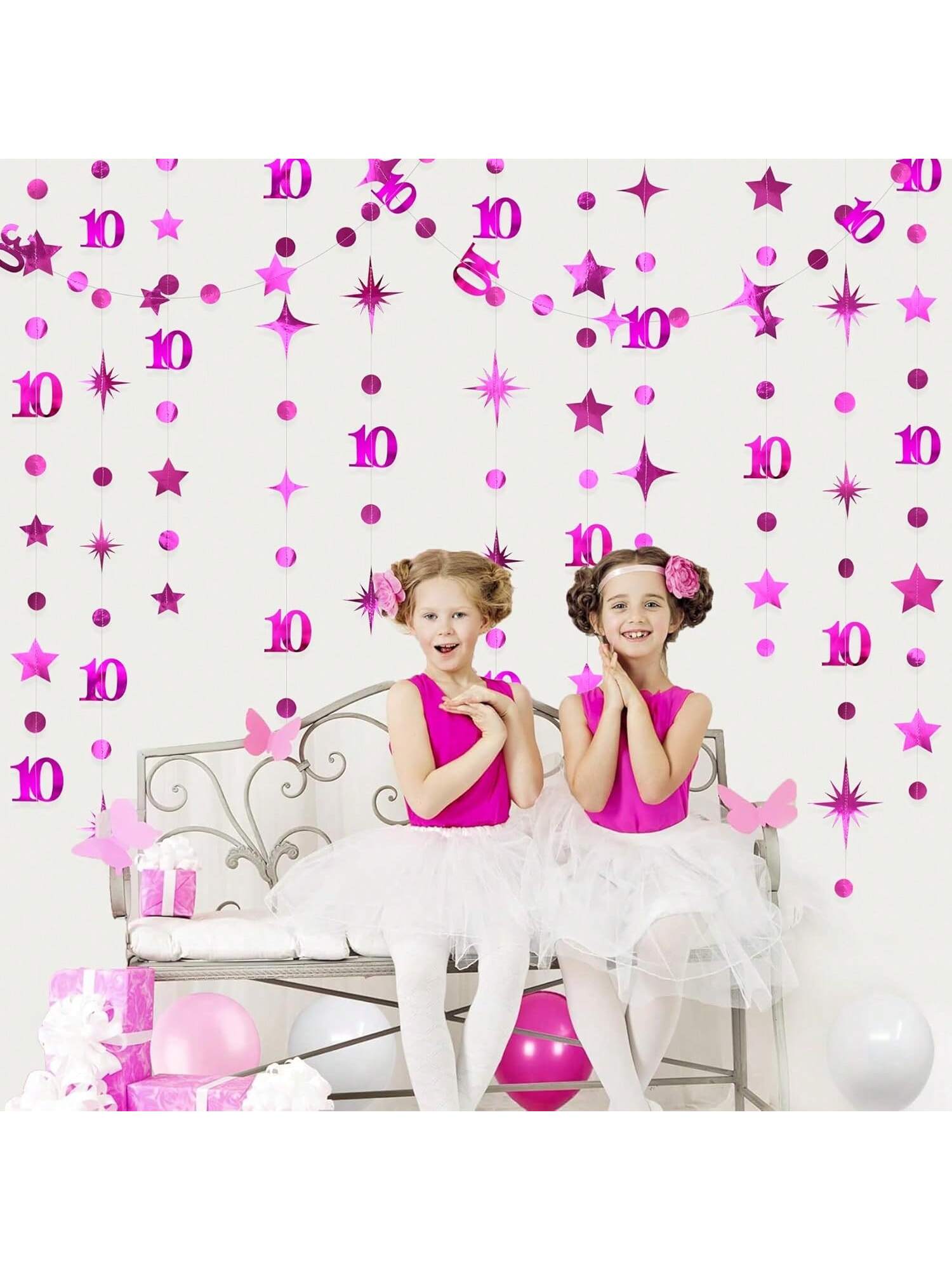 Hot Pink 10th Birthday Decorations with Number 10 Metallic Garland and Banner