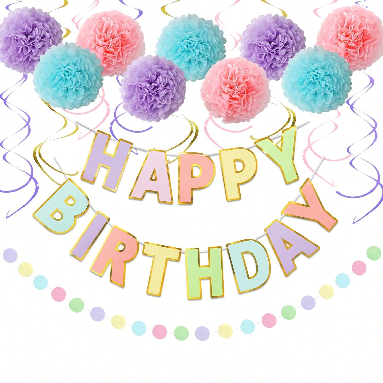 20pcs Macaron Birthday Decorations Set with Banner, Garland & Swirls for Pastel Party