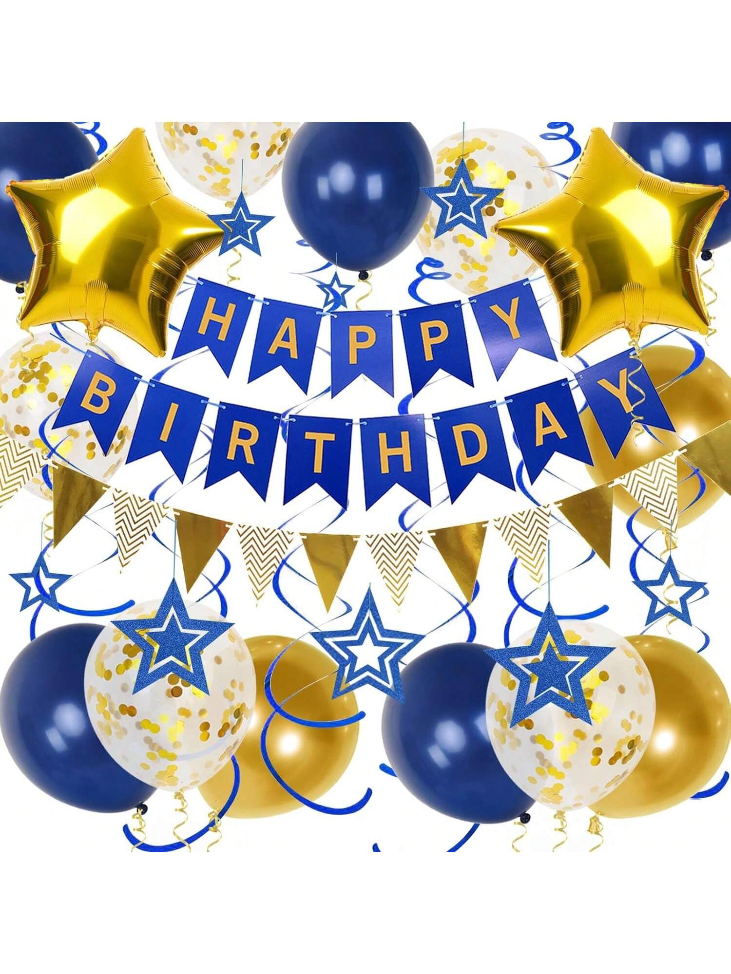 Navy Blue and Gold Birthday Decorations Banner Stars Balloons for Party